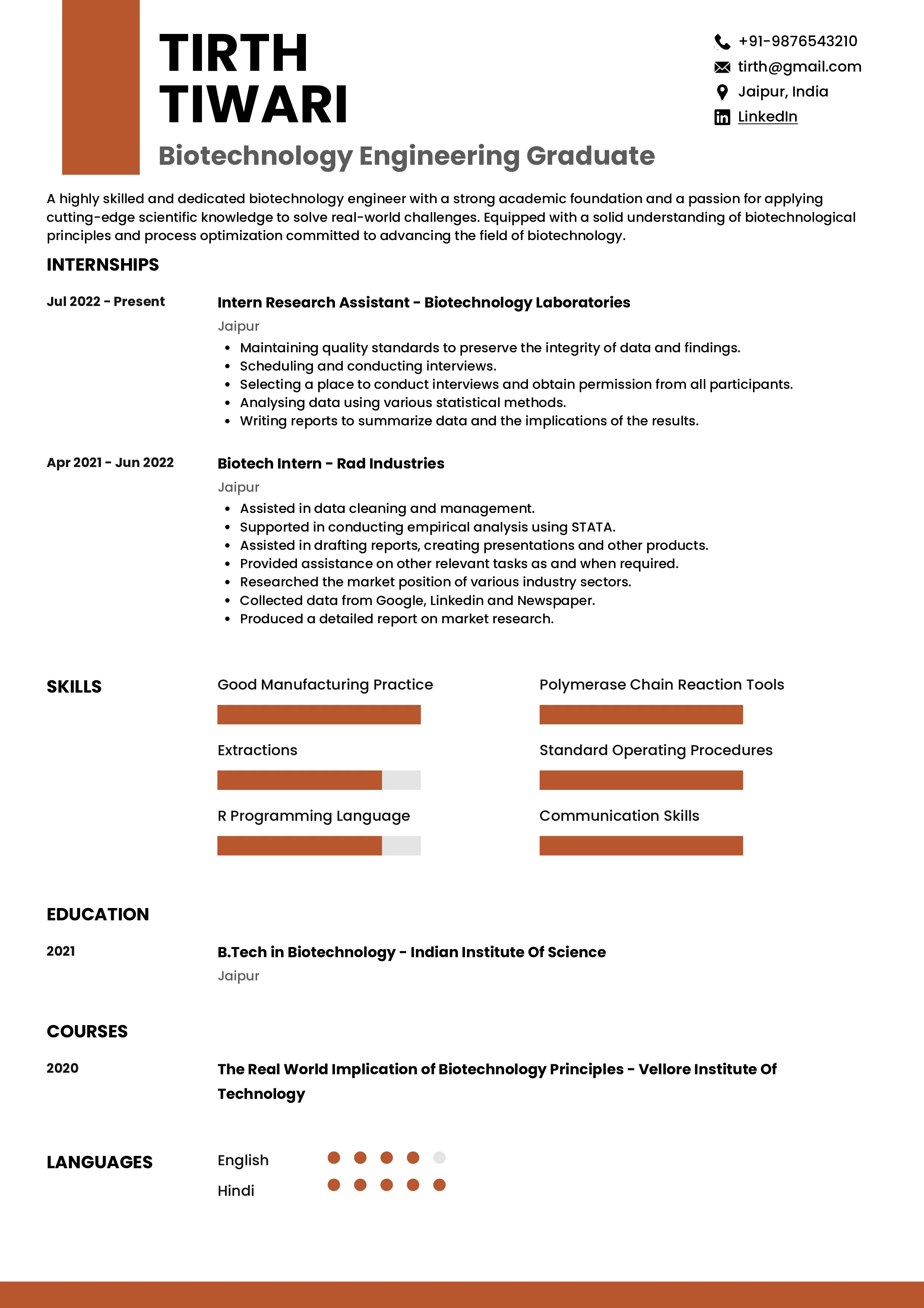 Sample Resume of Biotechnology Engineering Graduate | Free Resume Templates & Samples on Resumod.co
