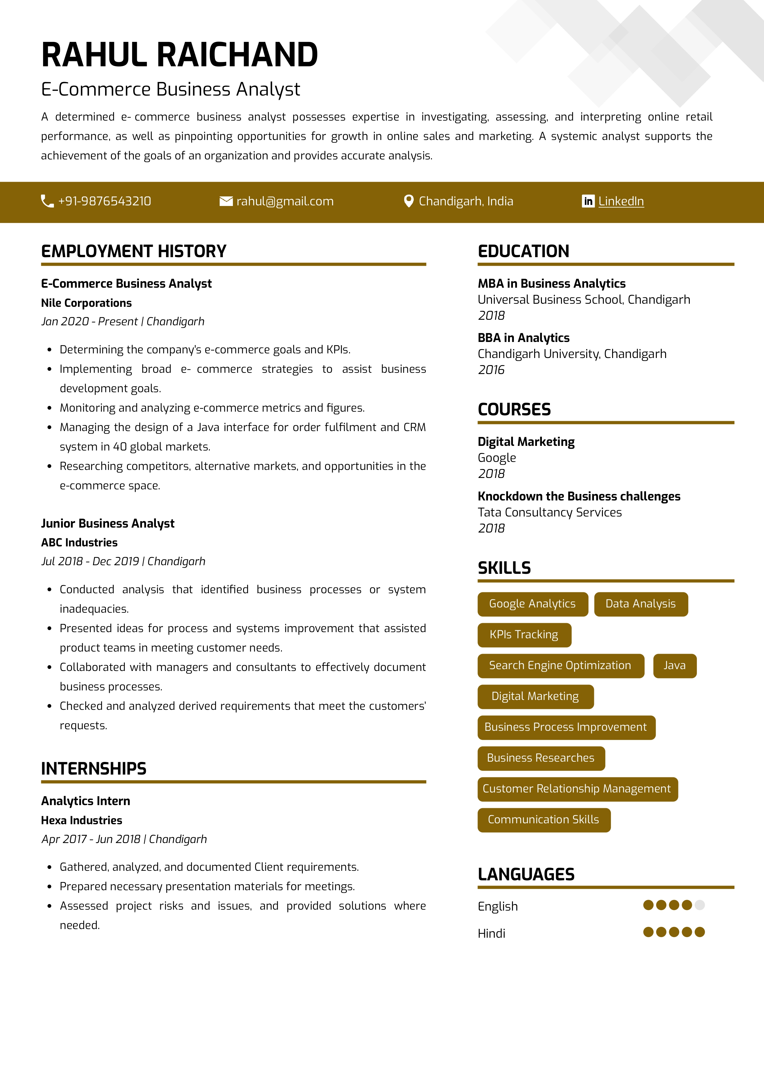 Sample Resume of E-Commerce Business Analyst | Free Resume Templates & Samples on Resumod.co