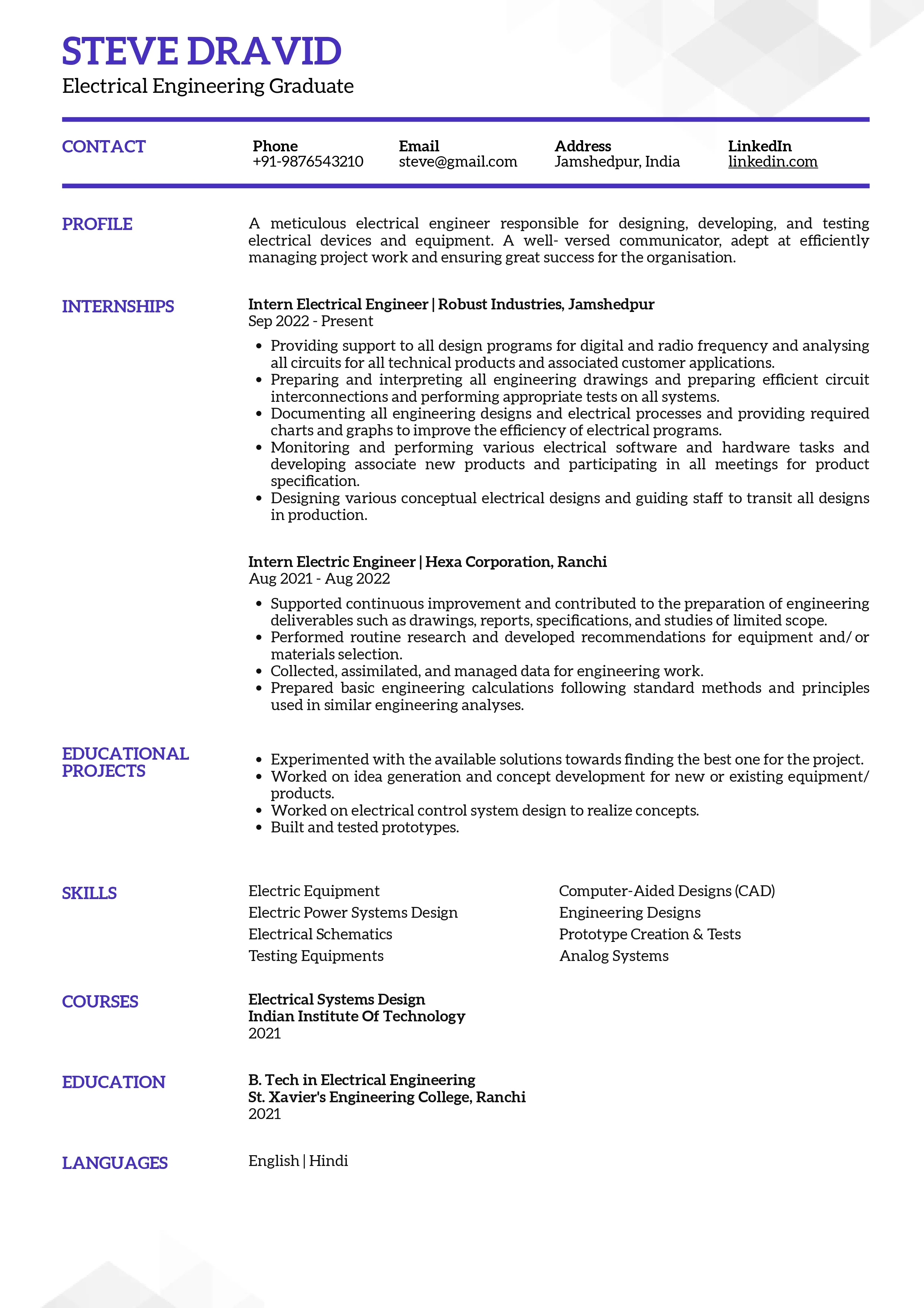 Sample Resume of Electrical Engineering Graduate | Free Resume Templates & Samples on Resumod.co