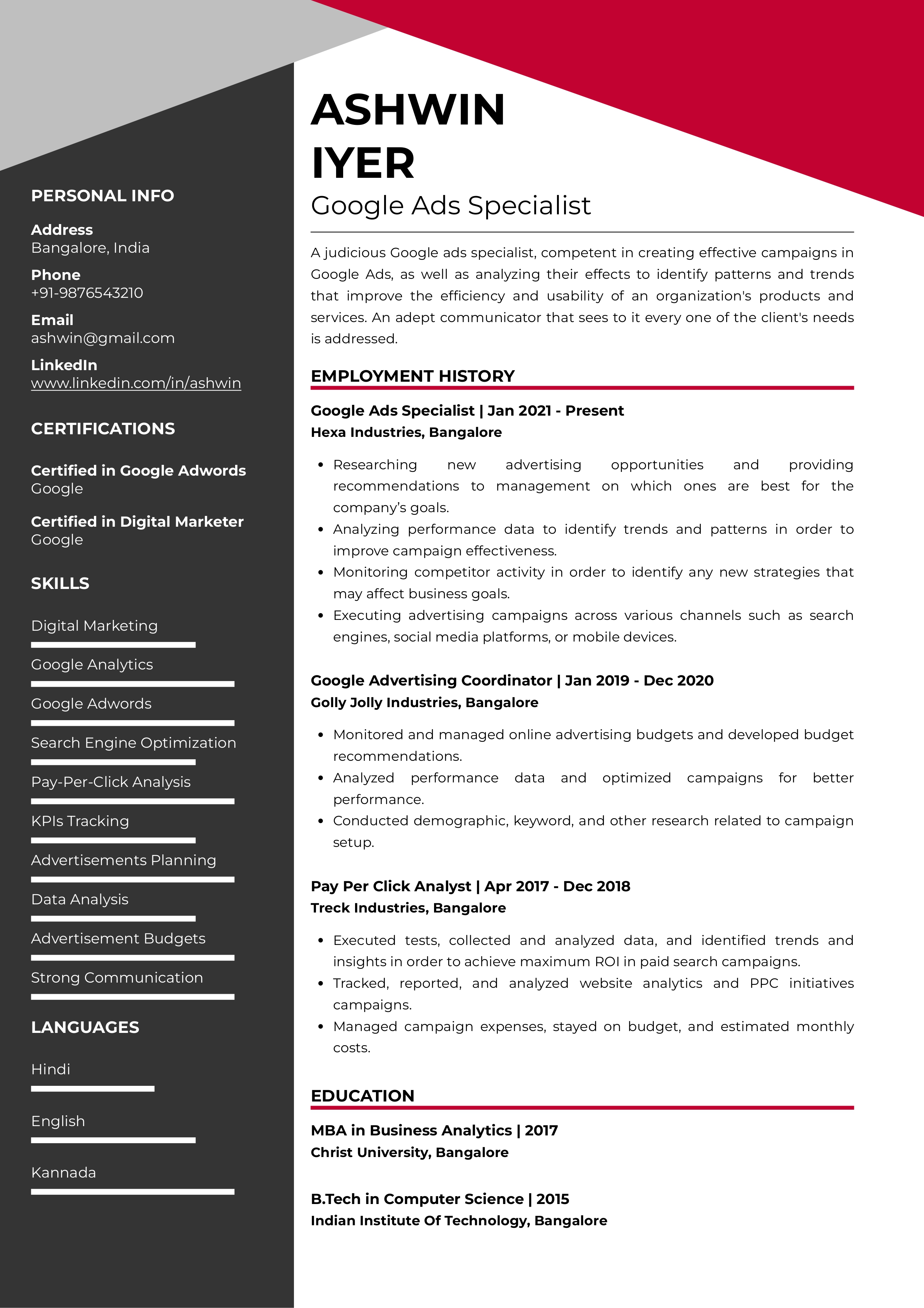 Sample Resume of Google Ads-Specialist | Free Resume Templates & Samples on Resumod.co