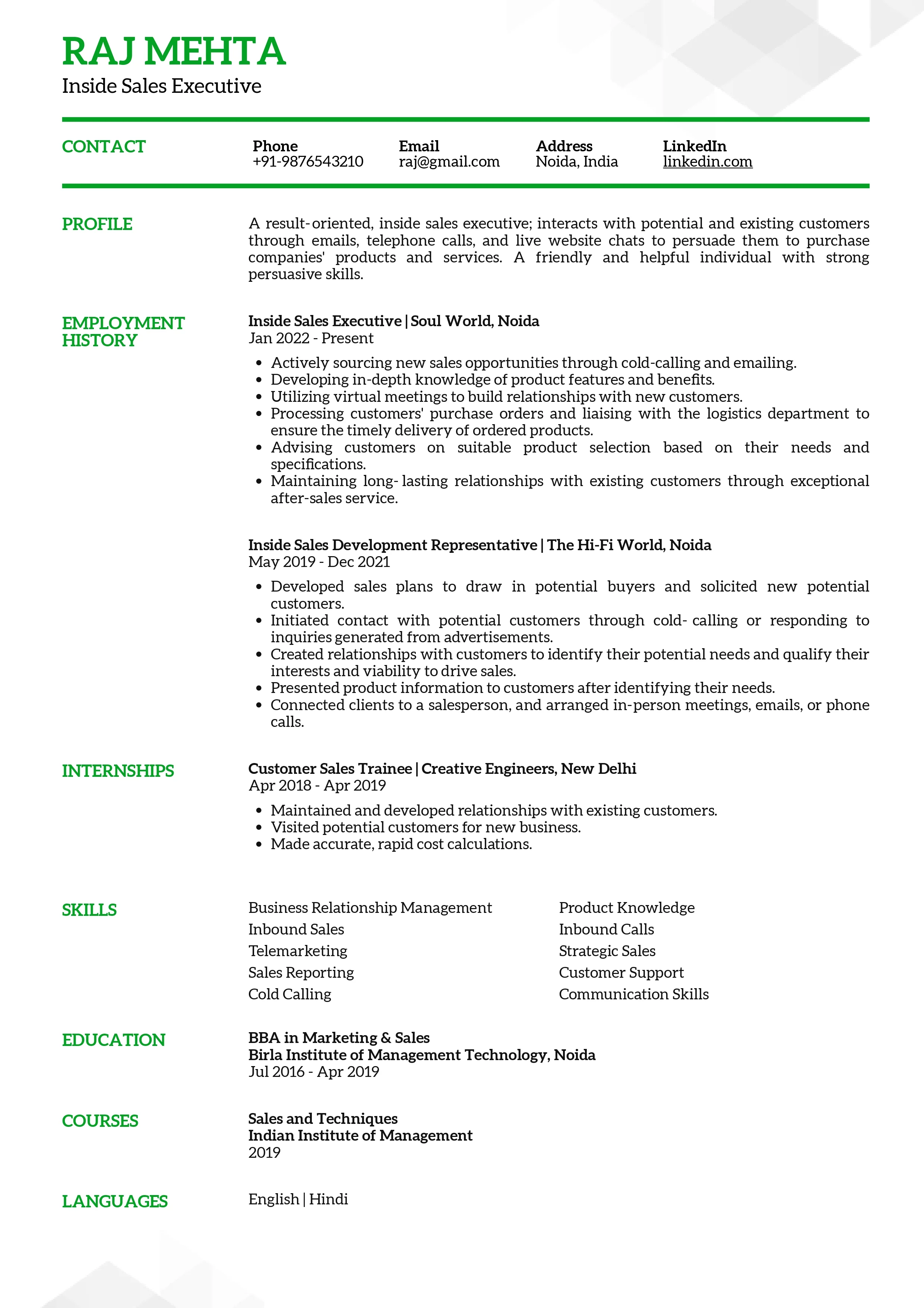 Sample Resume of Inside Sales Executive | Free Resume Templates & Samples on Resumod.co