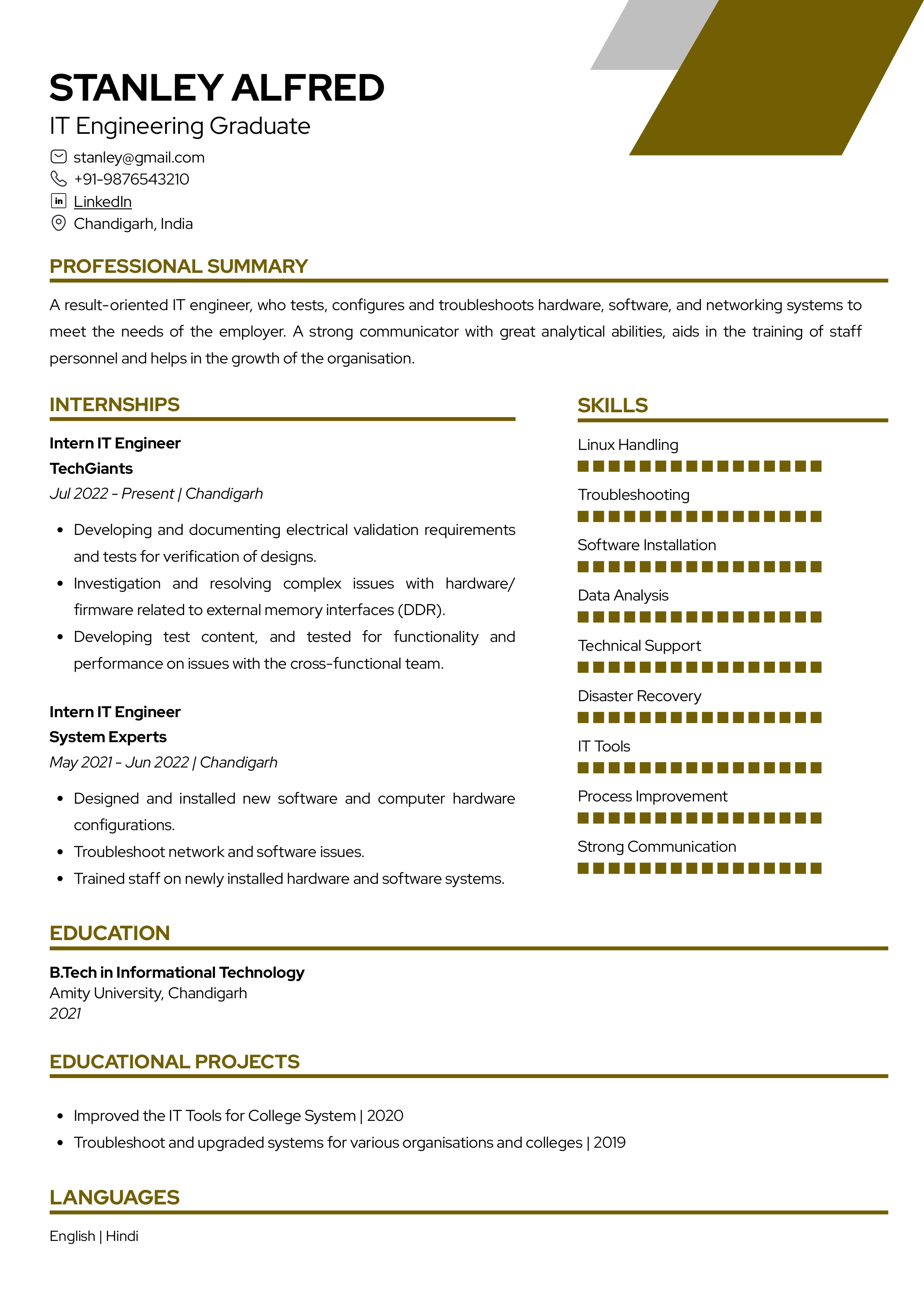 Sample Resume of IT Engineering Graduate | Free Resume Templates & Samples on Resumod.co