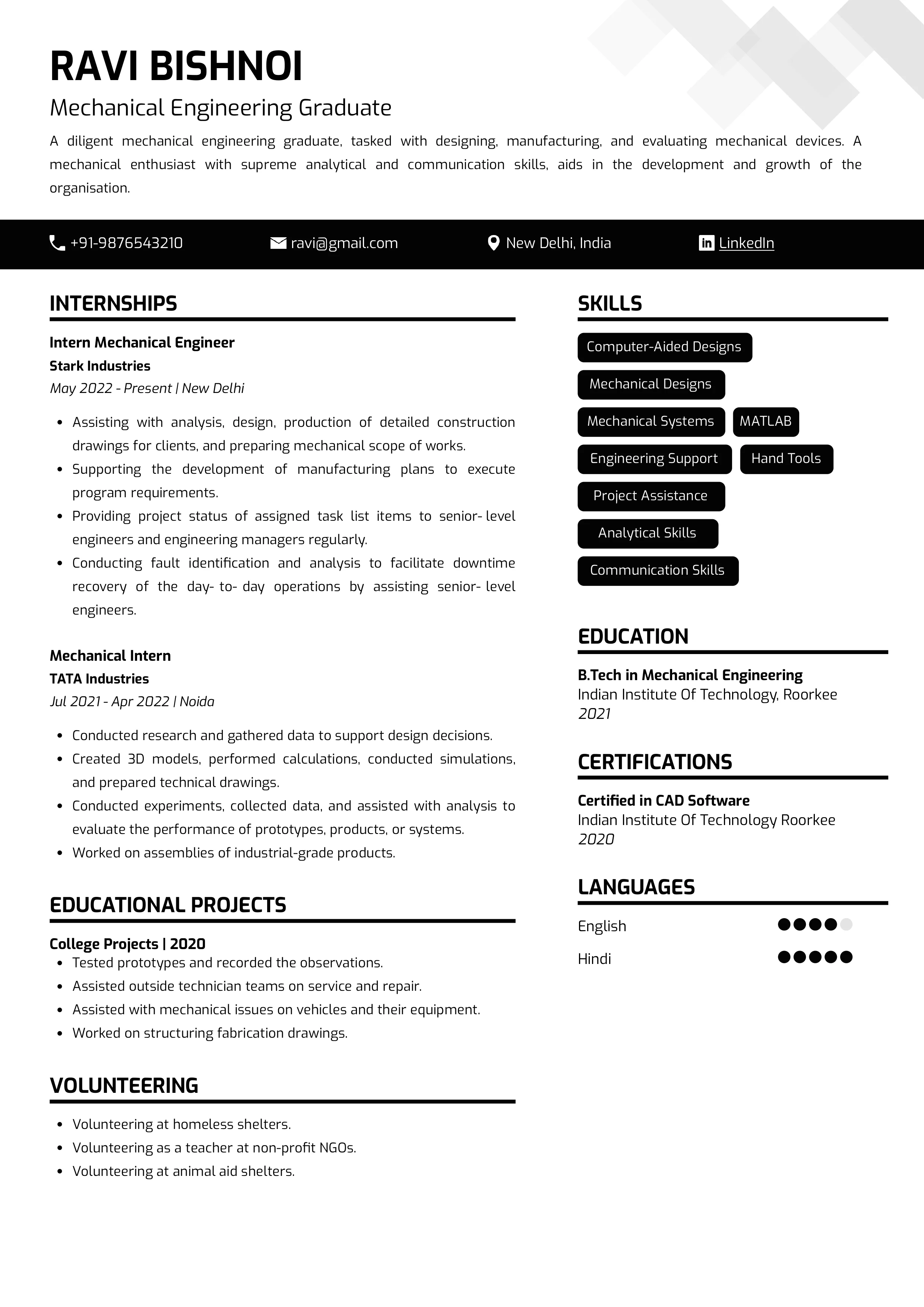 Sample Resume of Mechanical Engineering Graduate | Free Resume Templates & Samples on Resumod.co