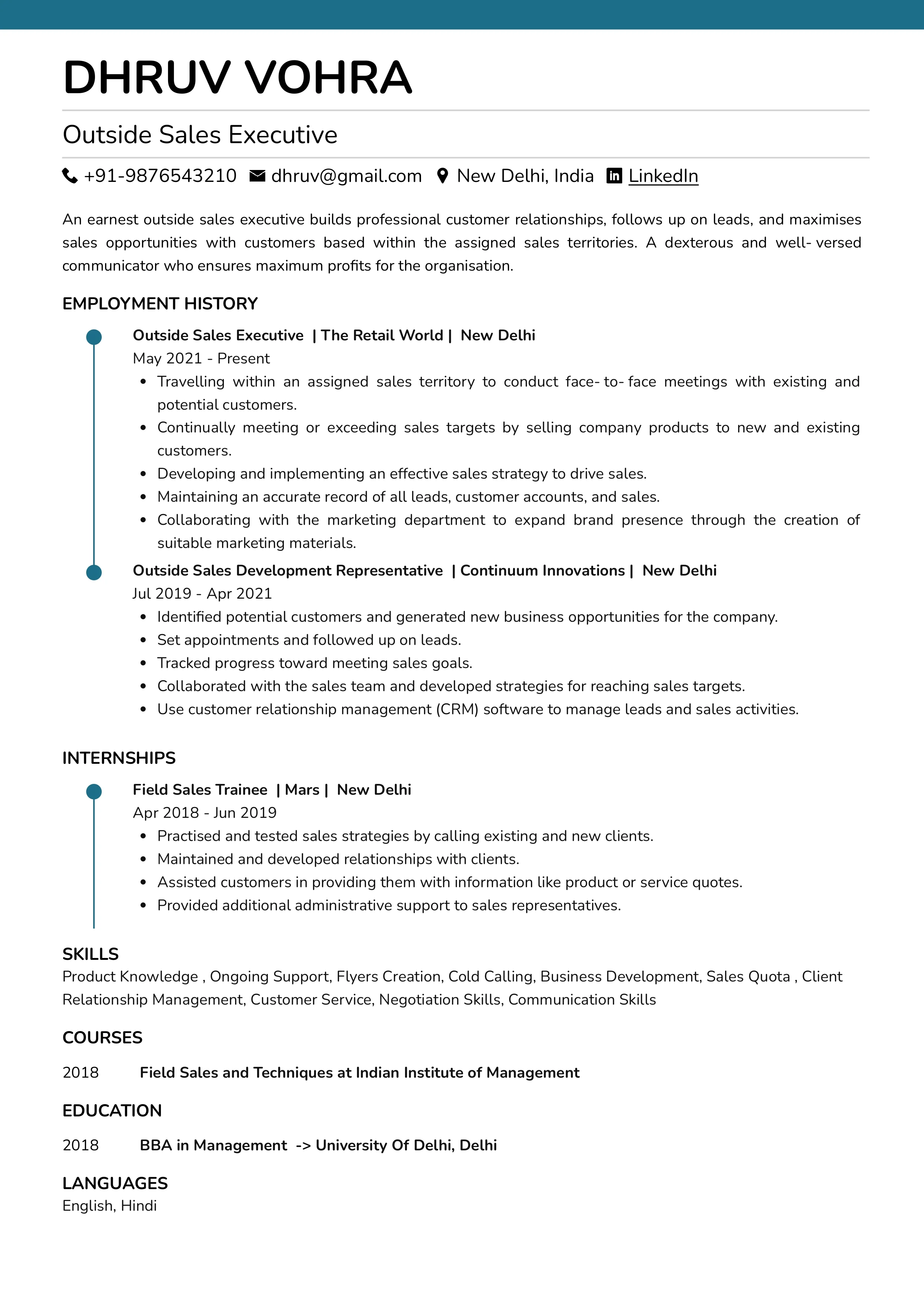 Sample Resume of an Outside Sales Executive | Free Resume Templates & Samples on Resumod.co