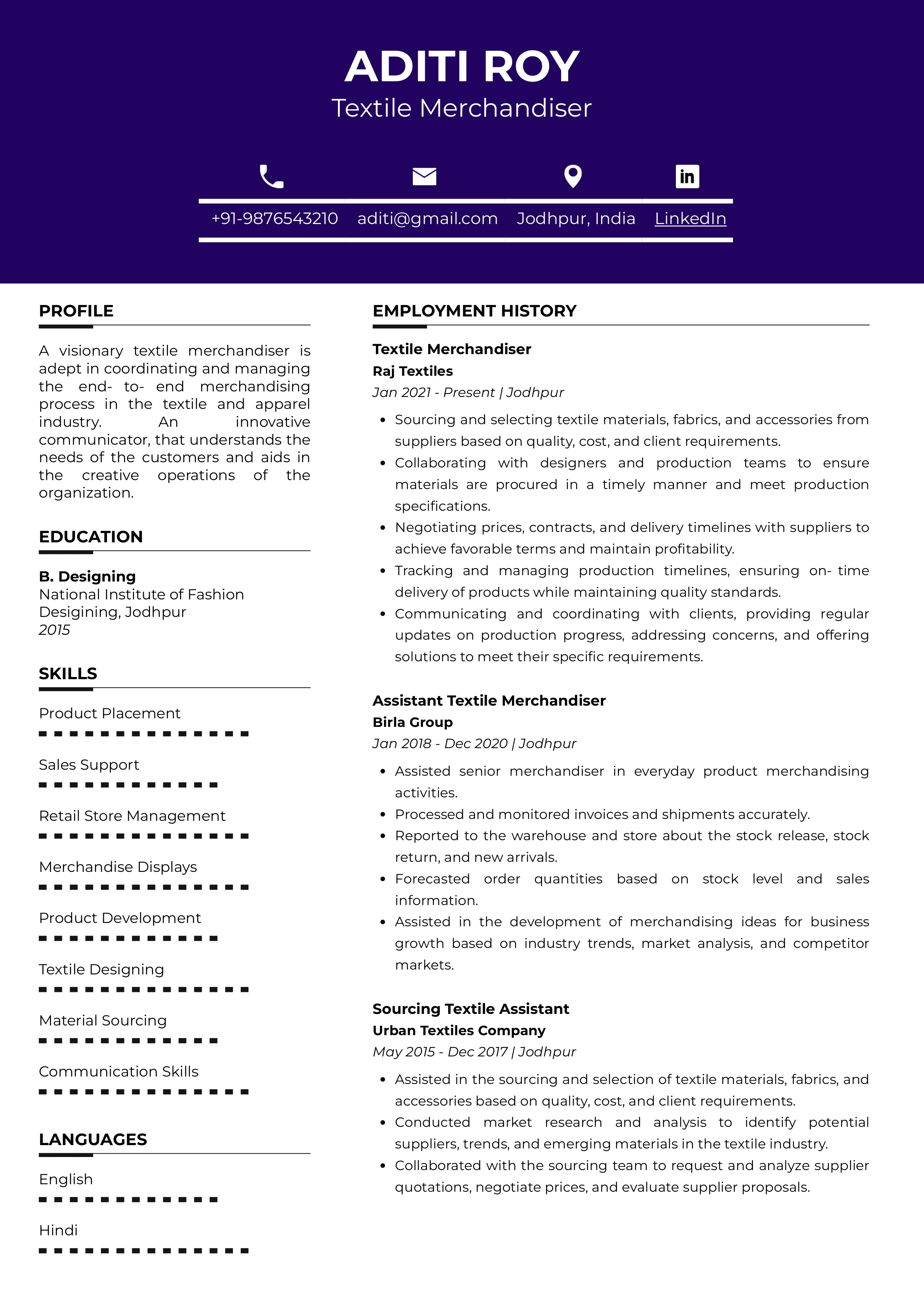 Sample Resume of Textile Merchandiser | Free Resume Templates & Samples on Resumod.co