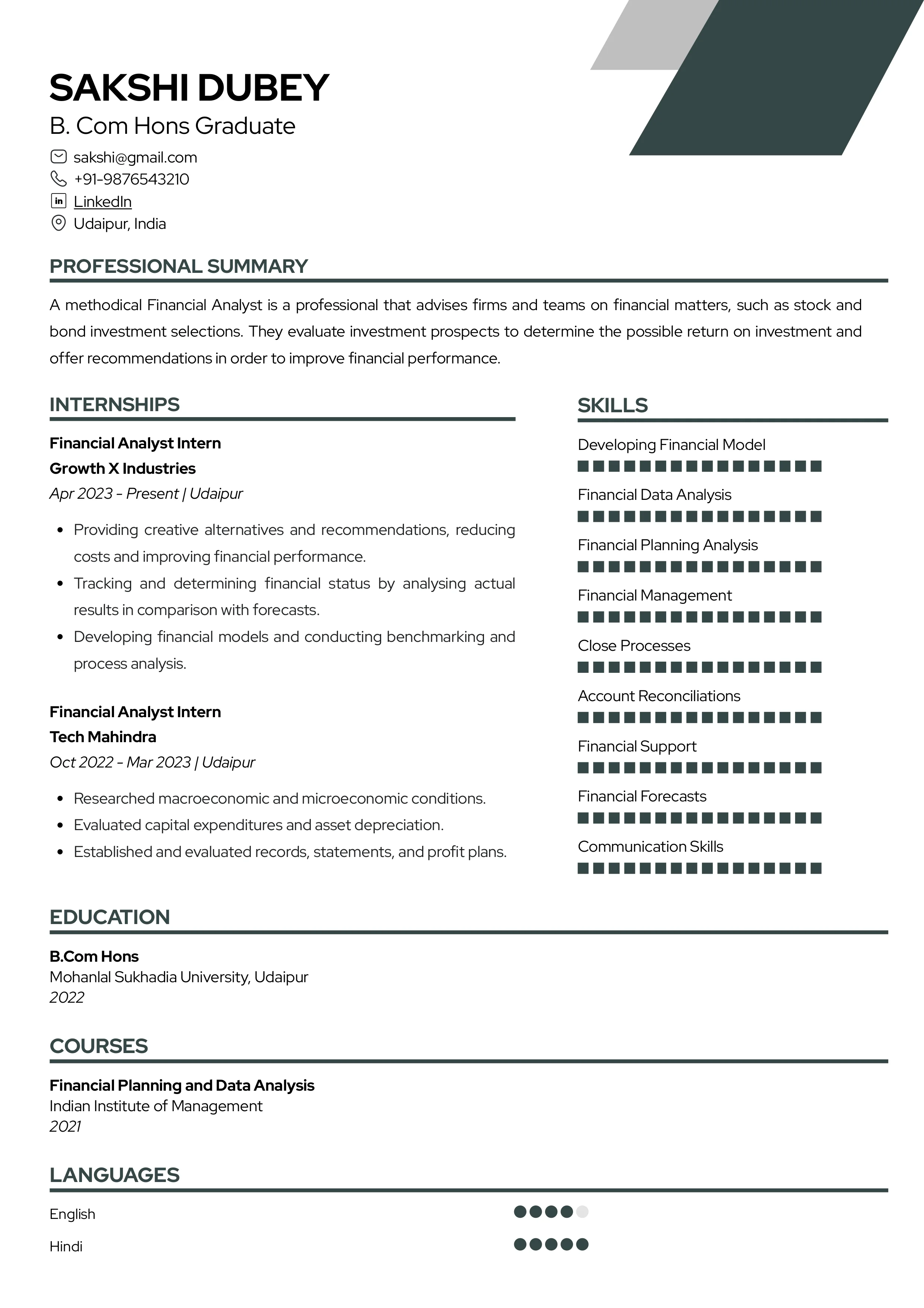 Sample Resume of B.Com (Hons) Graduate | Free Resume Templates & Samples on Resumod.co