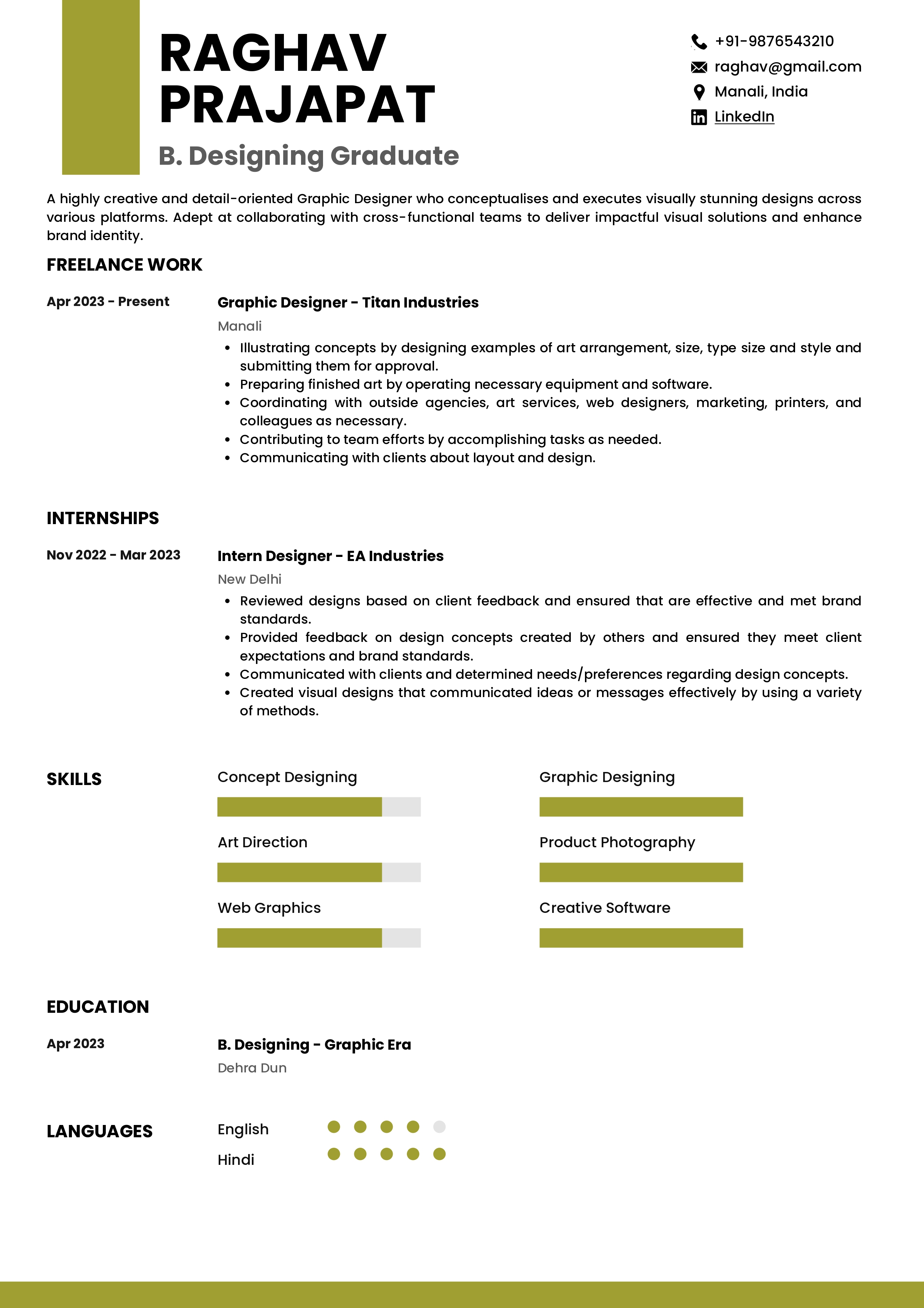 Sample Resume of B.Design Graduate | Free Resume Templates & Samples on Resumod.co