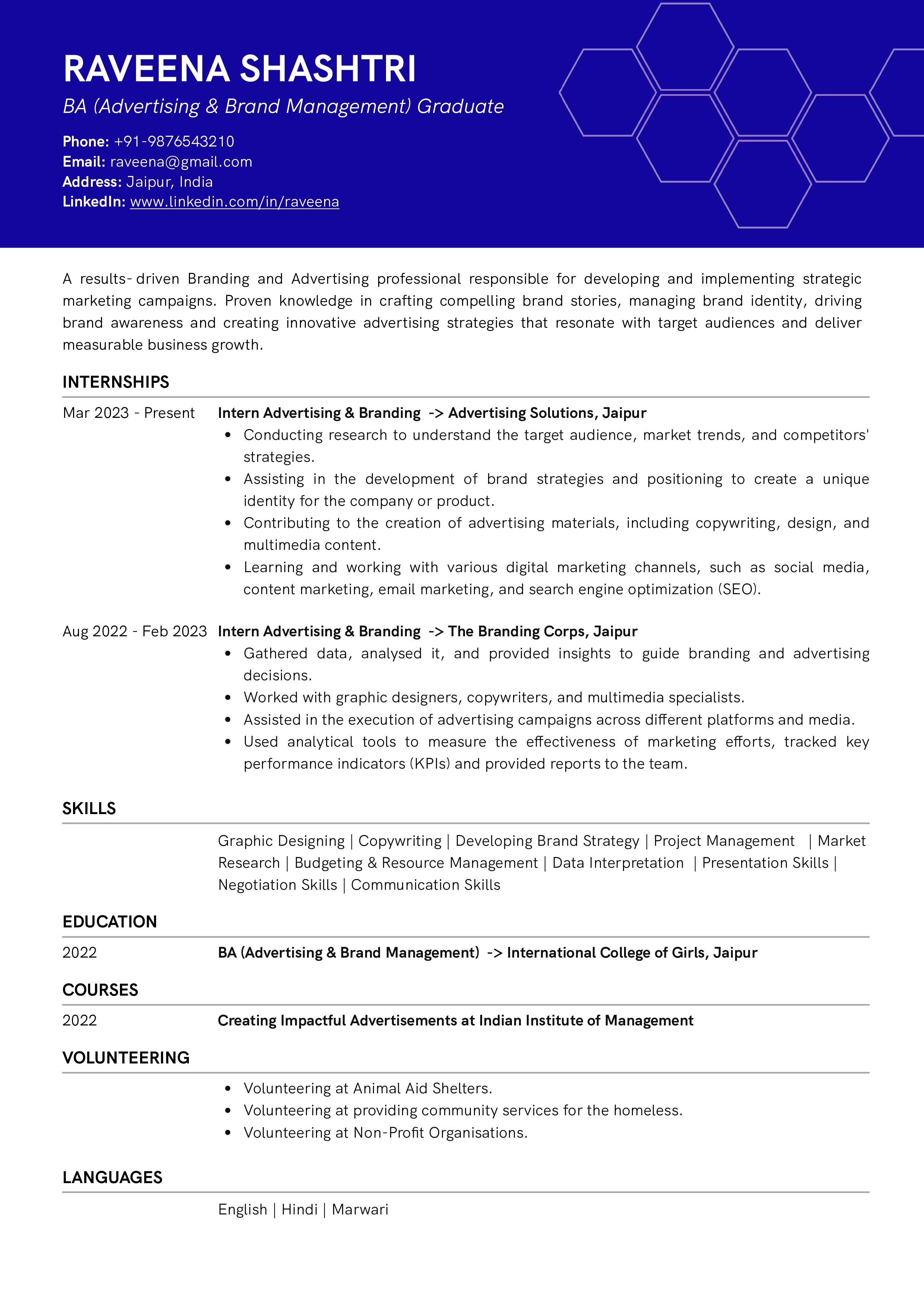 Sample Resume of BA (Branding & Advertisements) Graduate | Free Resume Templates & Samples on Resumod.co