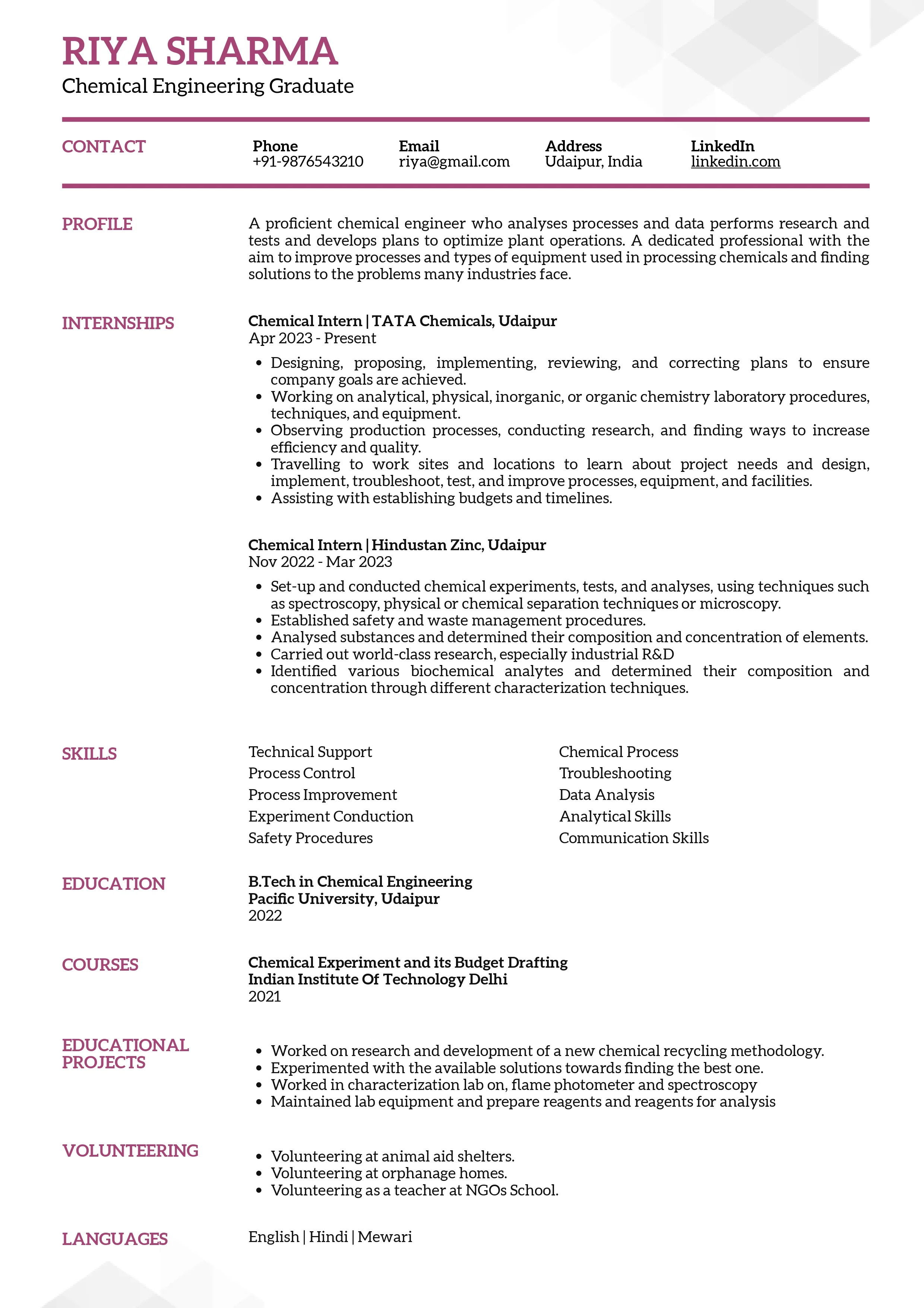 Sample Resume of Chemical Engineering Graduate | Free Resume Templates & Samples on Resumod.co