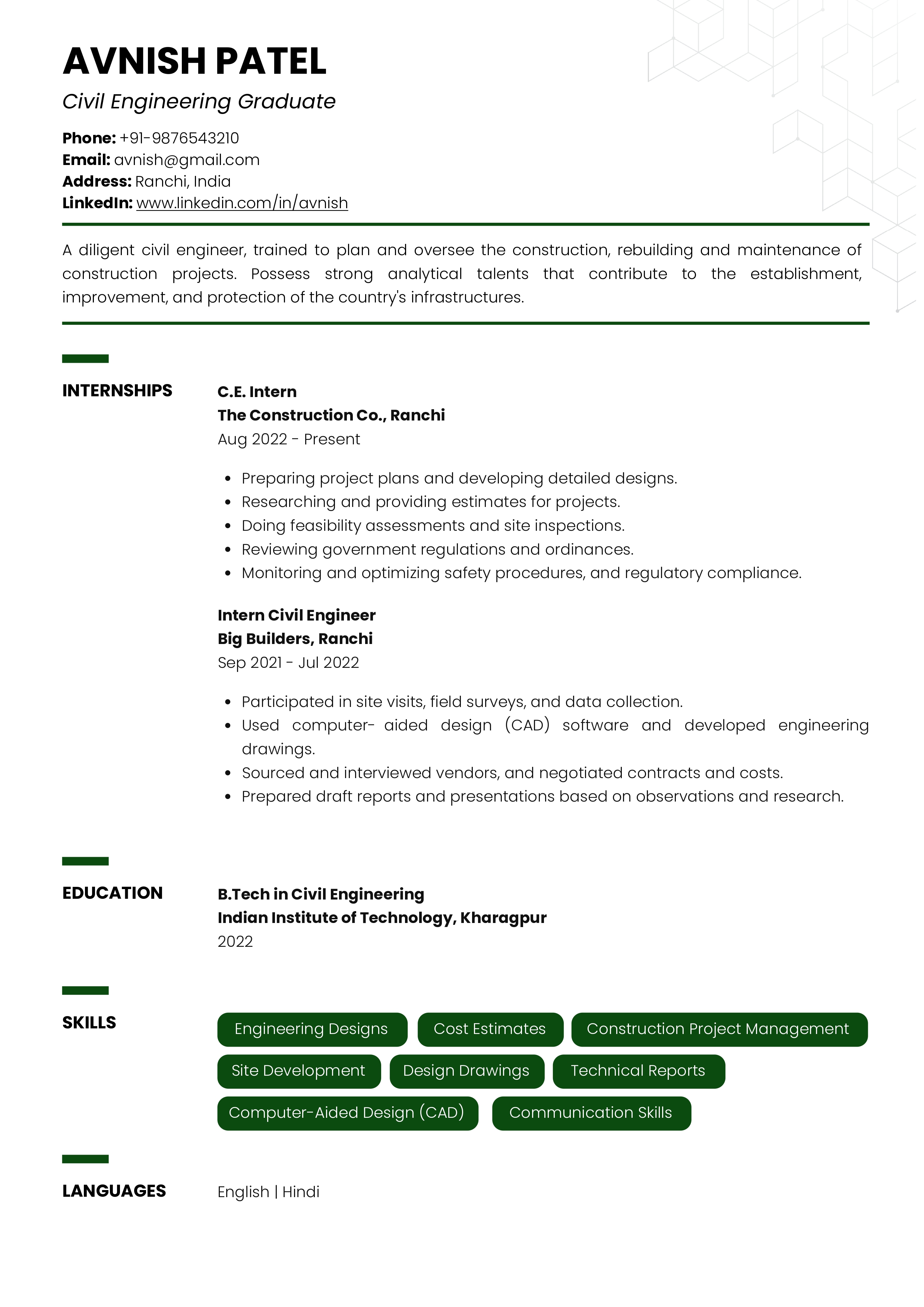 Sample Resume of Civil Engineering Graduate | Free Resume Templates & Samples on Resumod.co