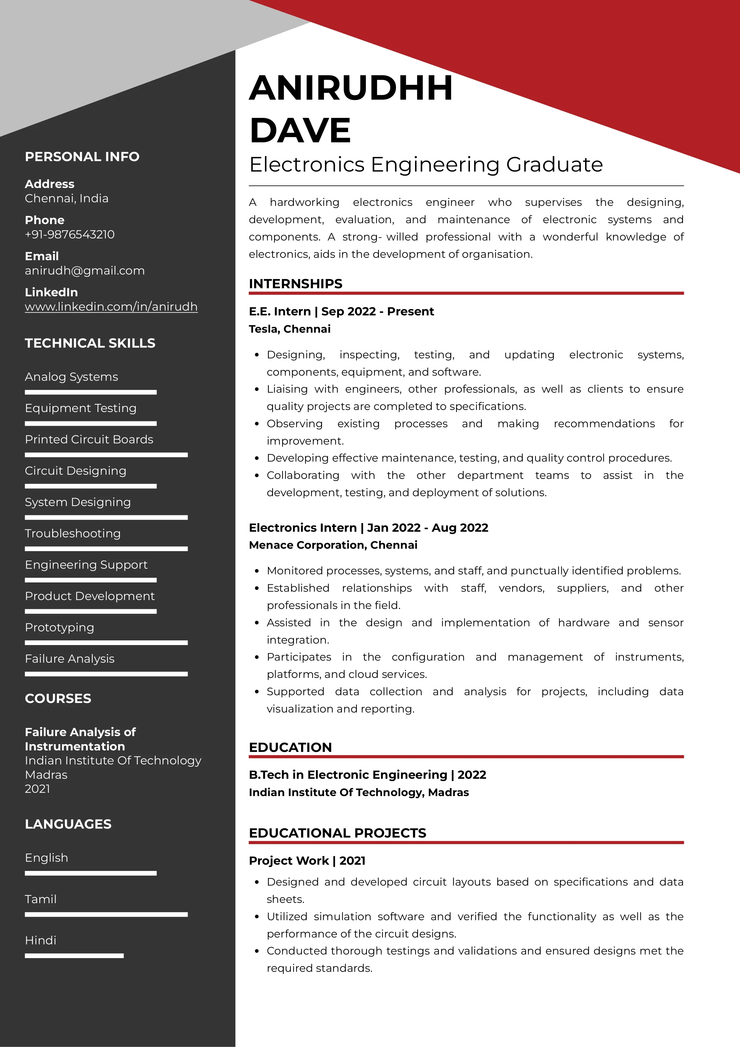 Sample Resume of Electronics Engineering | Free Resume Templates & Samples on Resumod.co