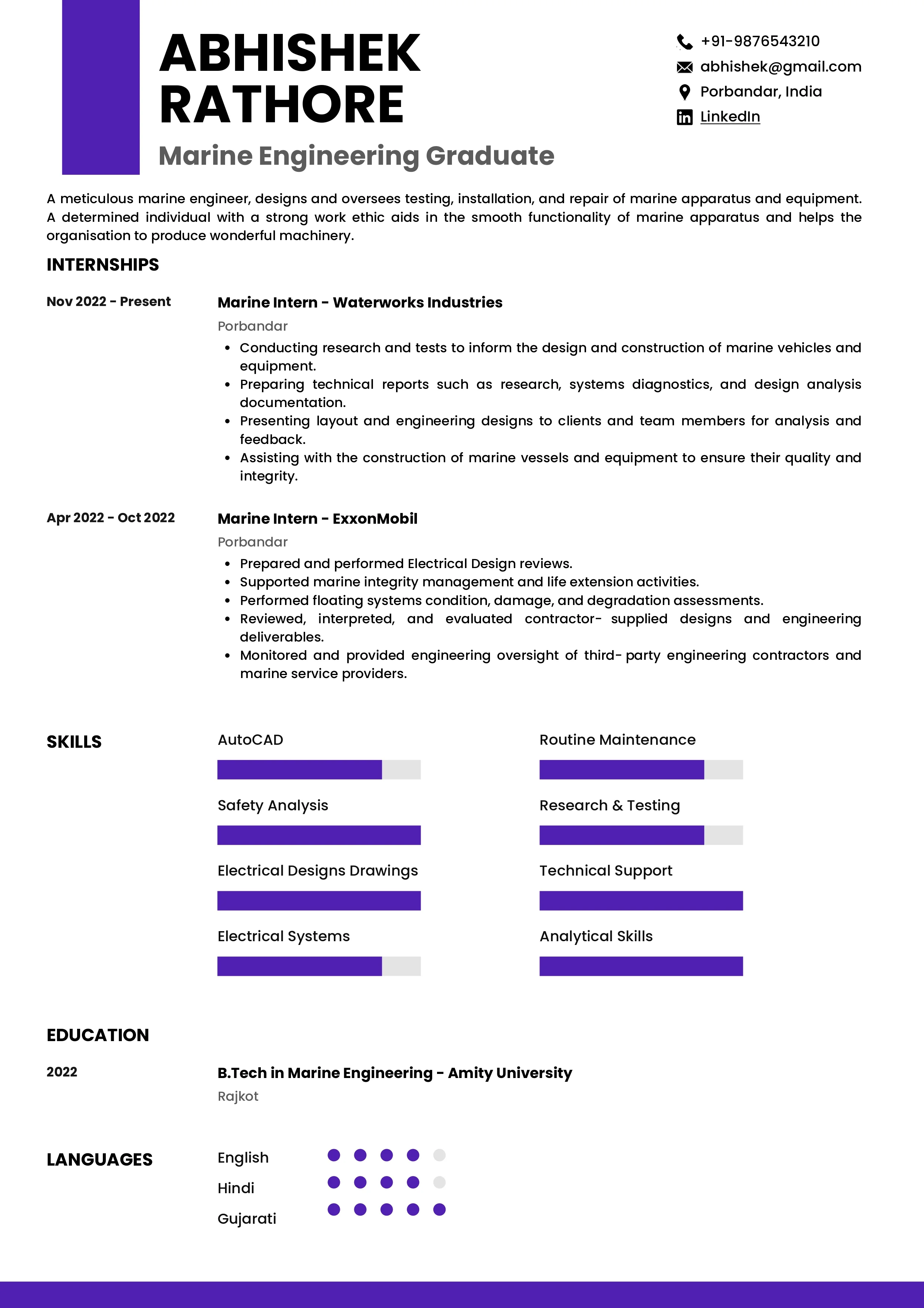 Sample Resume of Marine Engineering Graduate | Free Resume Templates & Samples on Resumod.co
