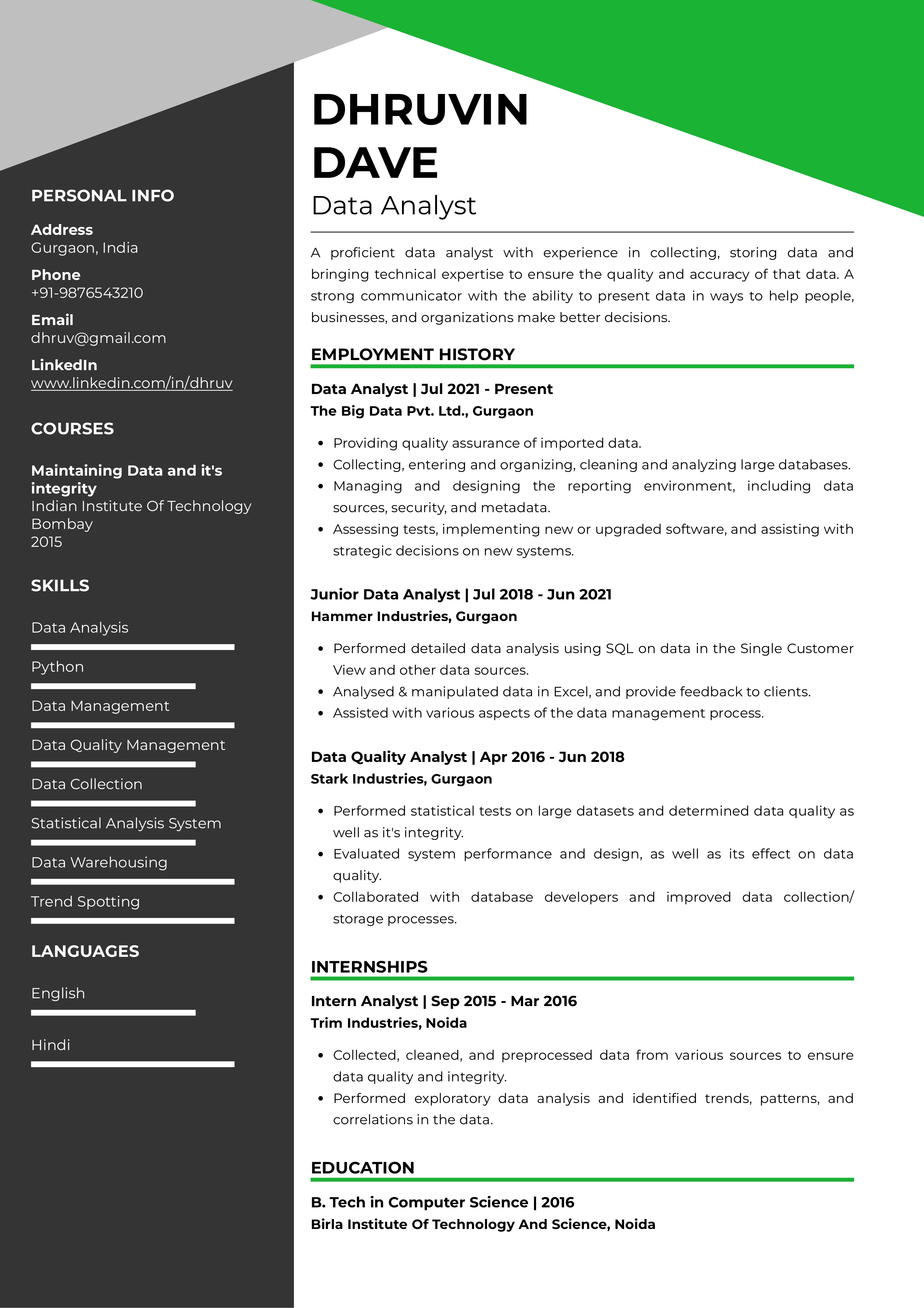 Sample Resume of Data Analyst | Free Resume Templates & Samples on Resumod.co