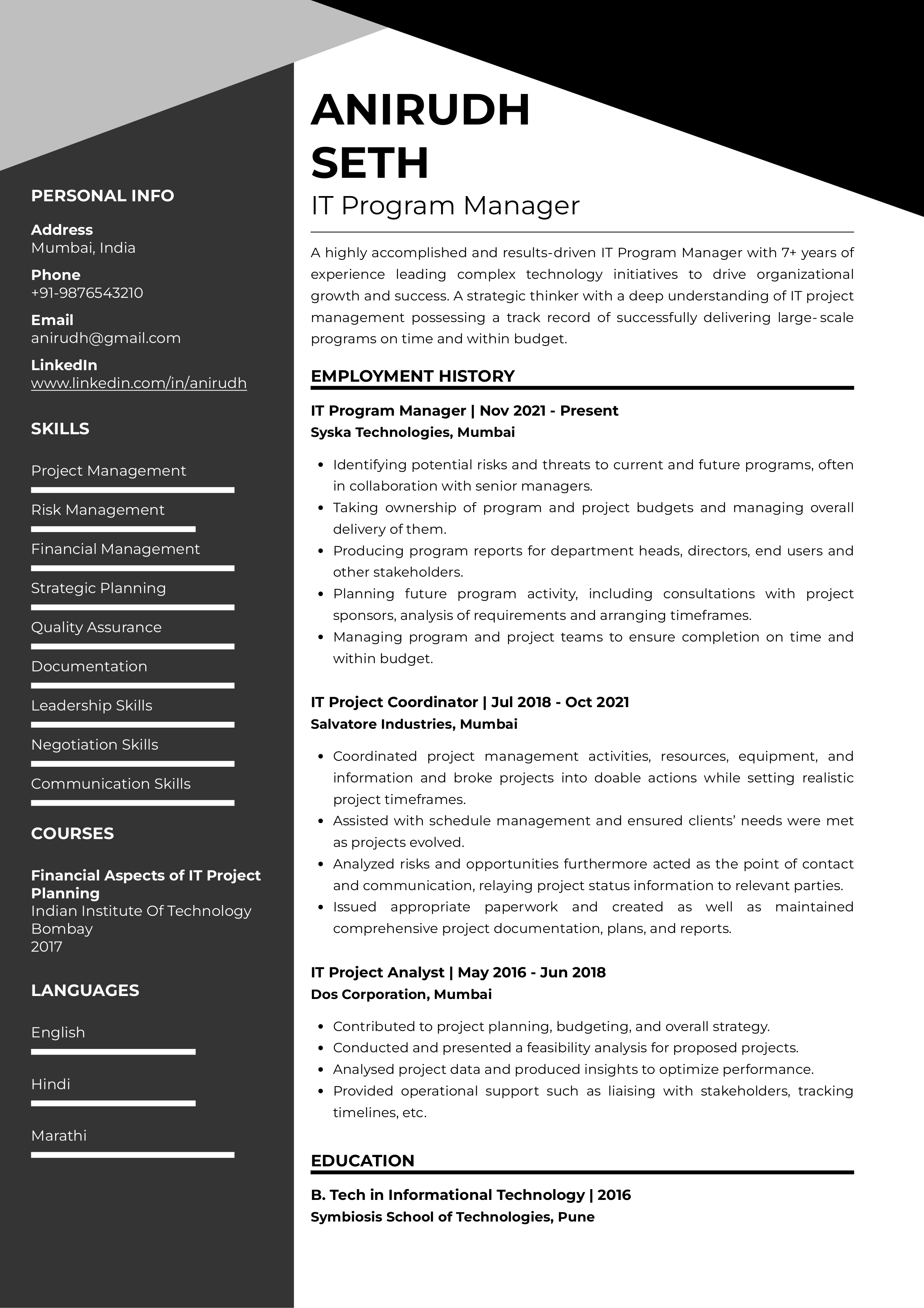 Sample Resume of IT Program Manager | Free Resume Templates & Samples on Resumod.co