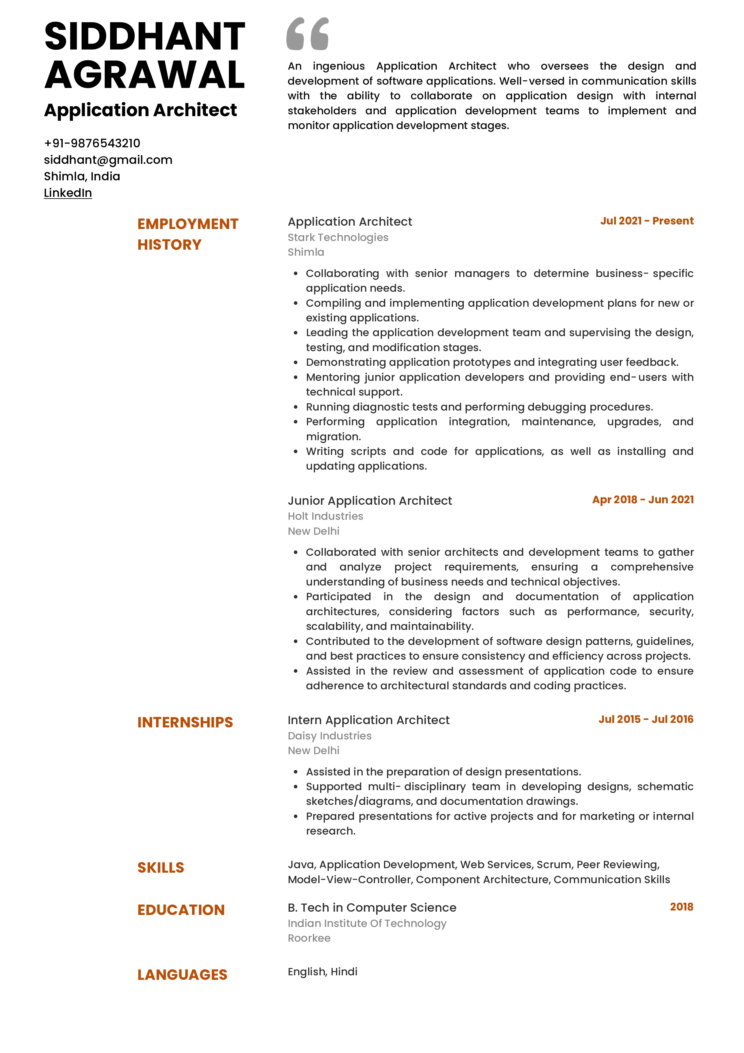 Sample Resume of Application Architect | Free Resume Templates & Samples on Resumod.co