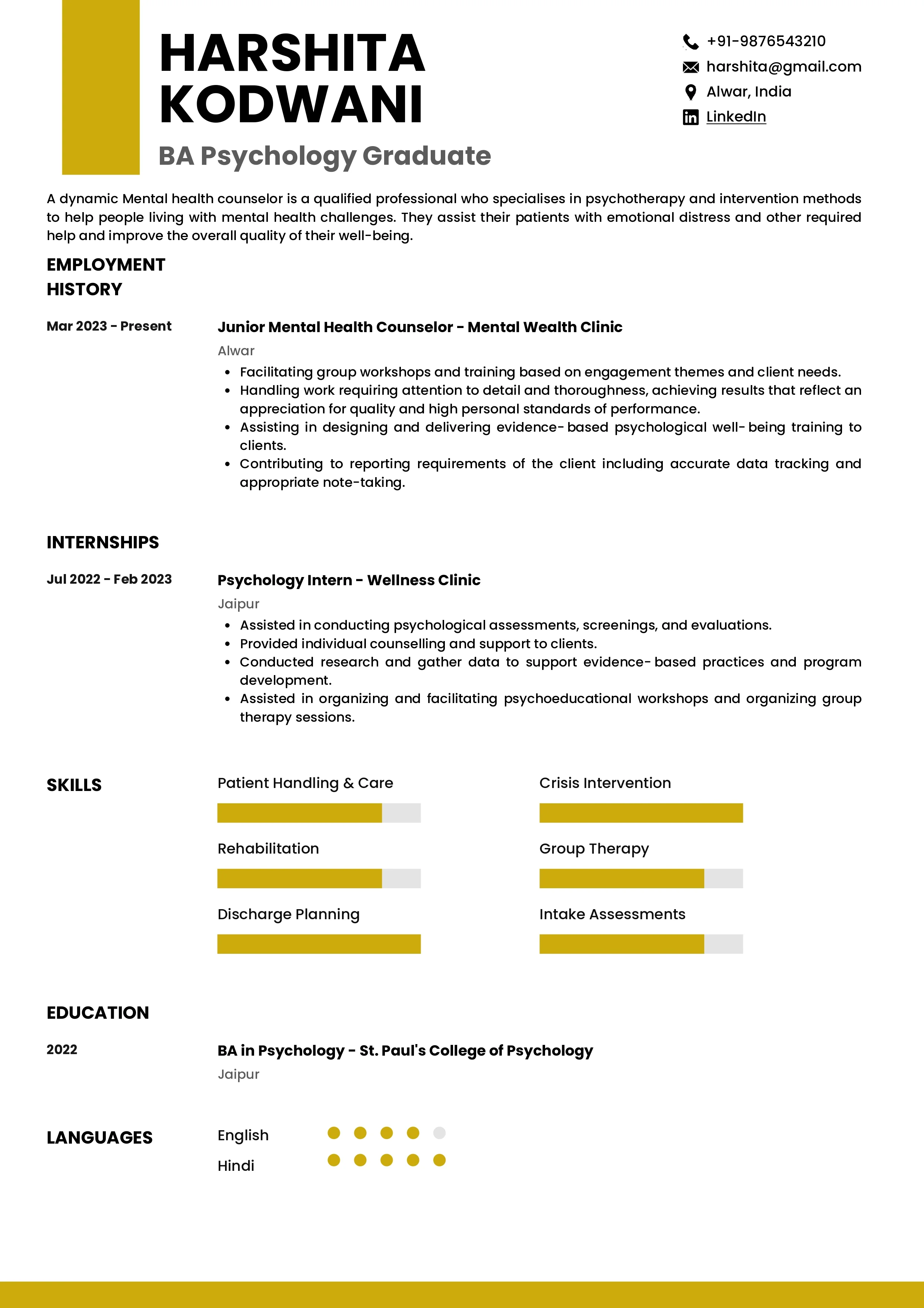 Sample Resume of BA Psychology Graduate | Free Resume Templates & Samples on Resumod.co