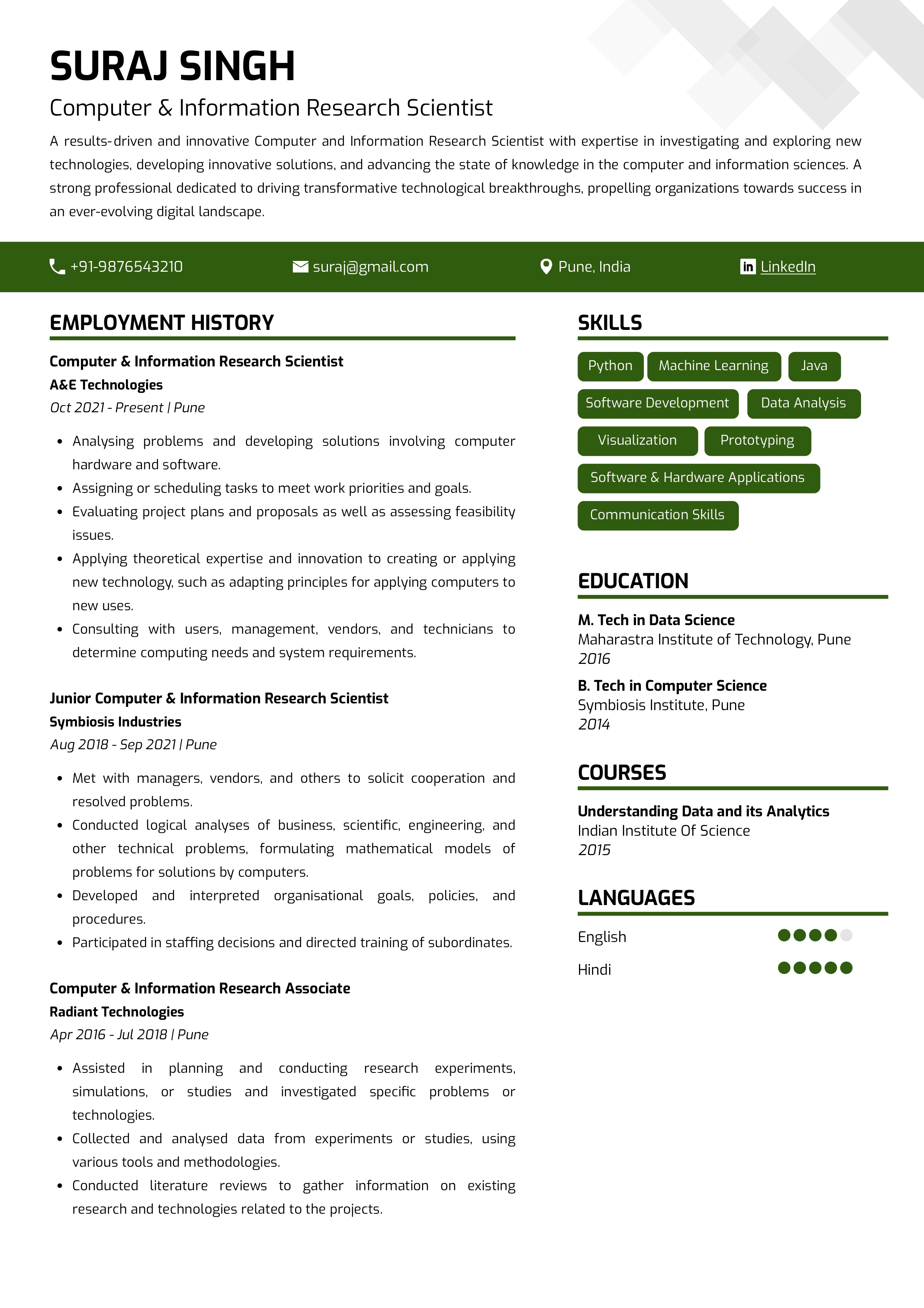 Sample Resume of Computer and Information Research Scientist | Free Resume Templates & Samples on Resumod.co