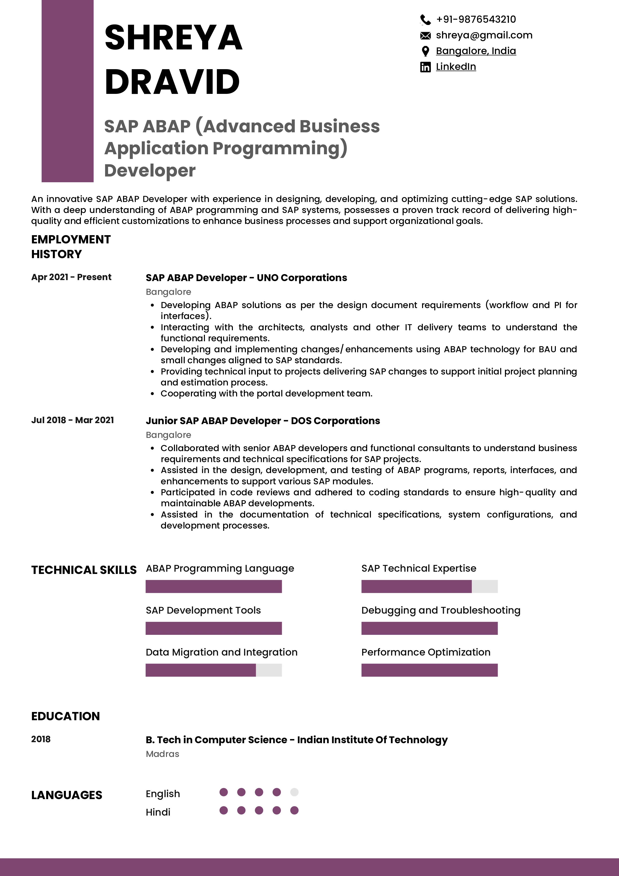 Sample SAP ABAP Developer | Free Resume Templates & Samples on Resumod.co