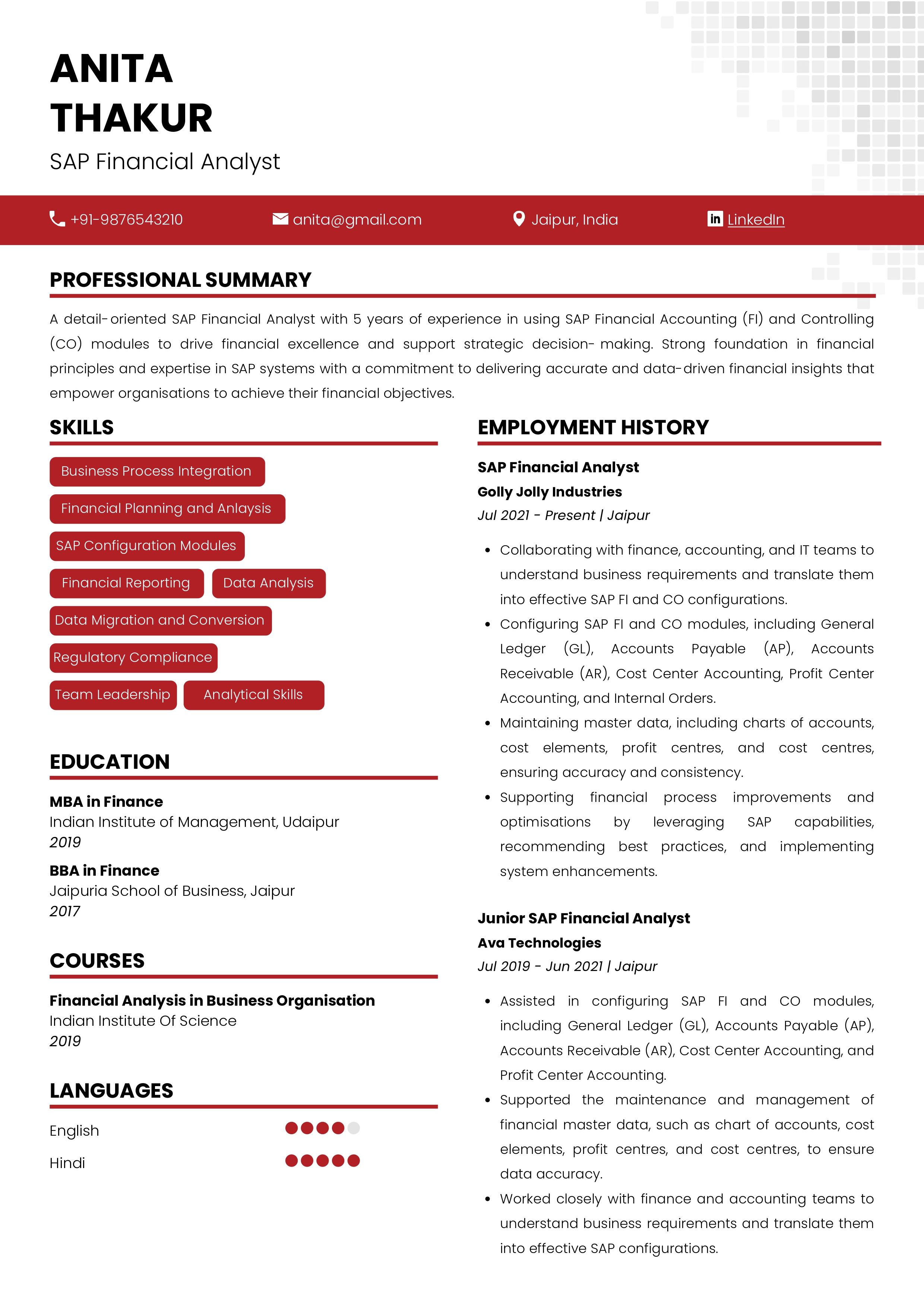 Sample Resume of SAP Financial Analyst | Free Resume Templates & Samples on Resumod.co