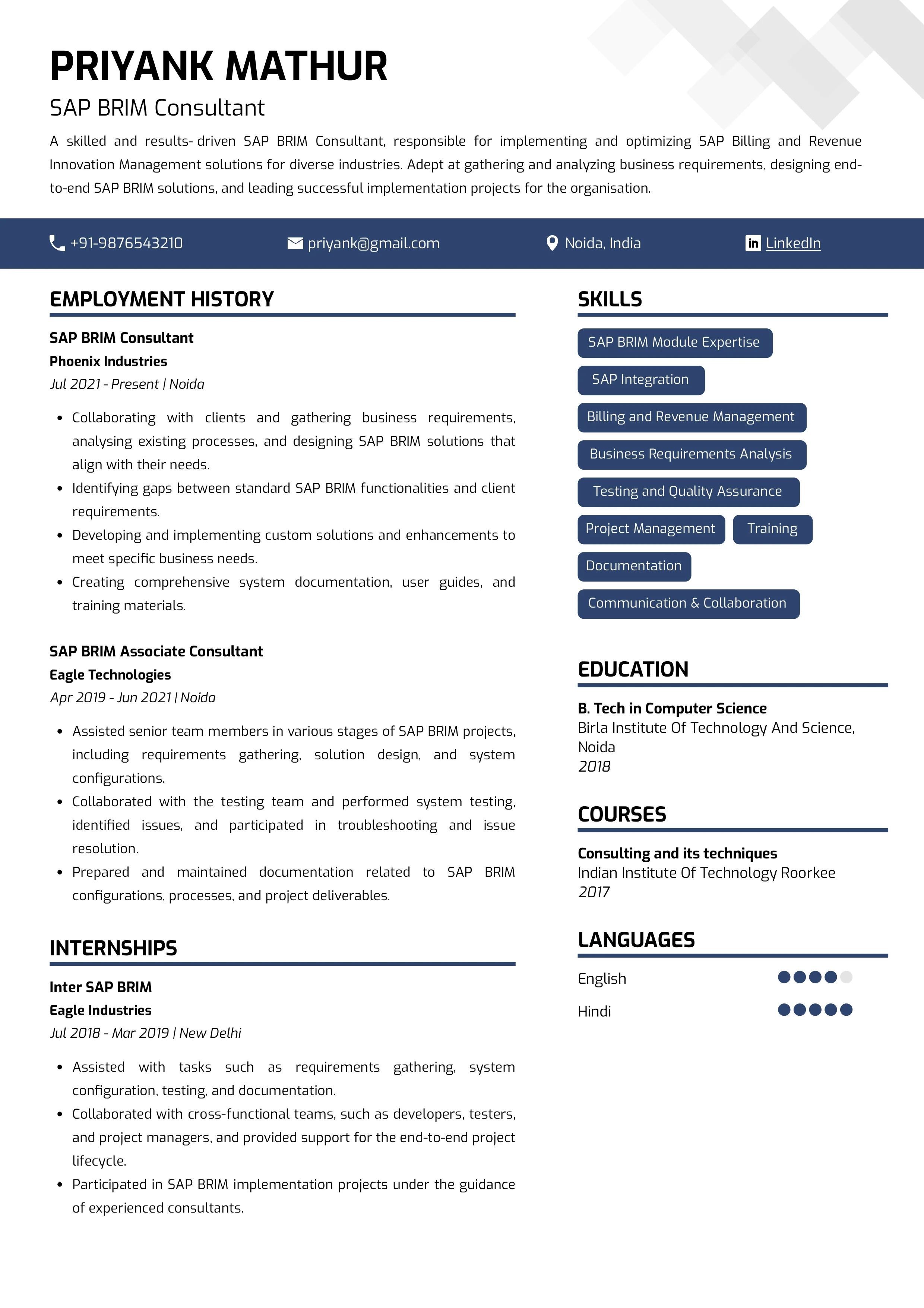 Sample Resume of SAP BRIM Consultant | Free Resume Templates & Samples on Resumod.co