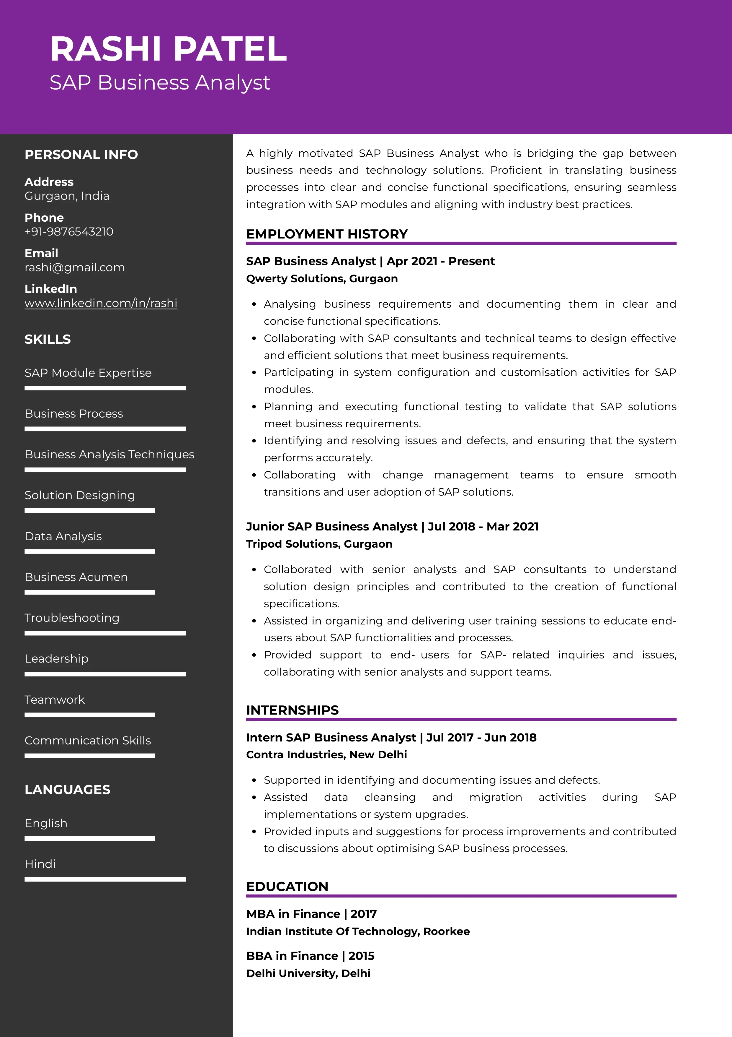 Sample Resume of SAP Business Analyst | Free Resume Templates & Samples on Resumod.co