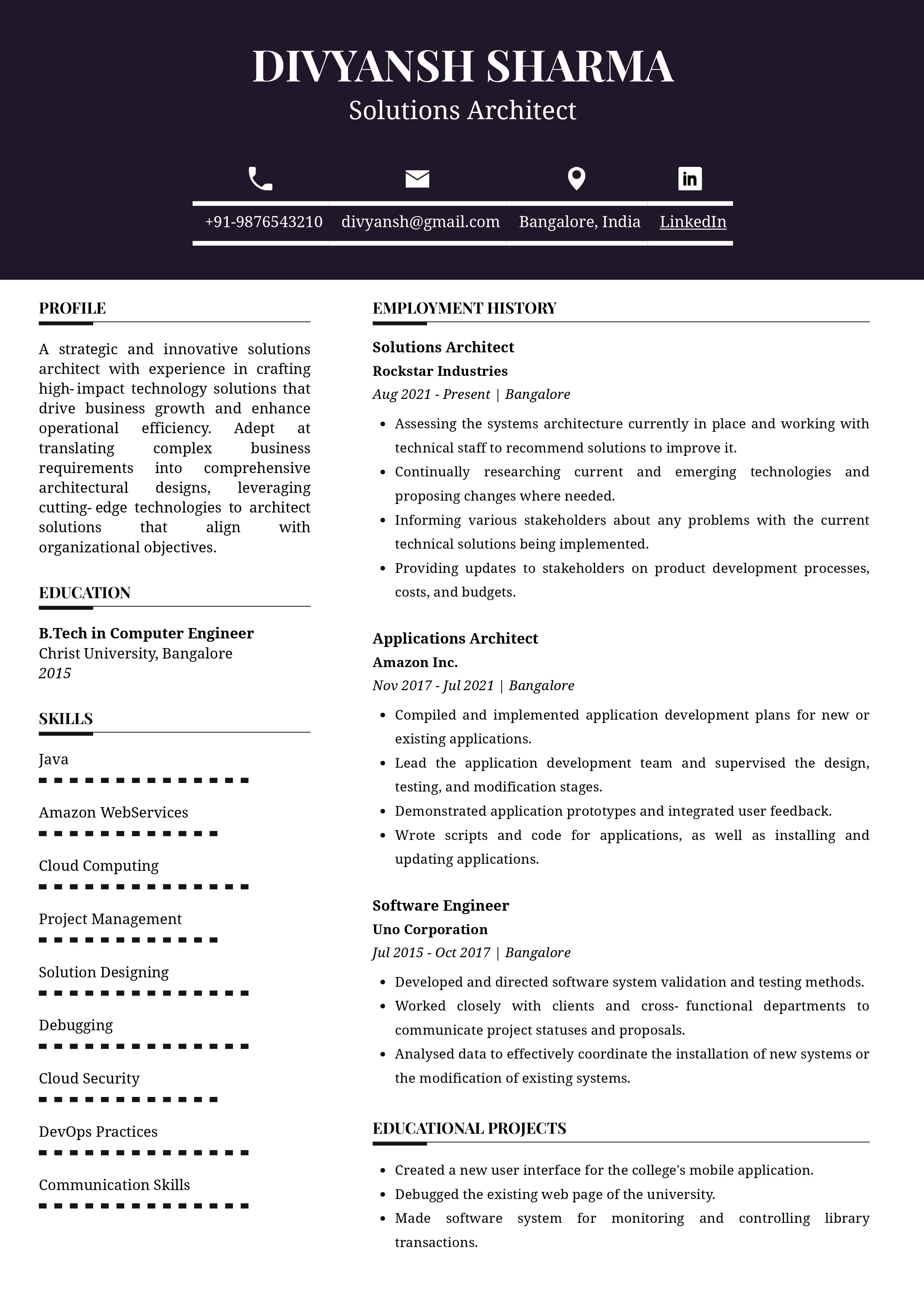 Sample Resume of Solutions Architect | Free Resume Templates & Samples on Resumod.co
