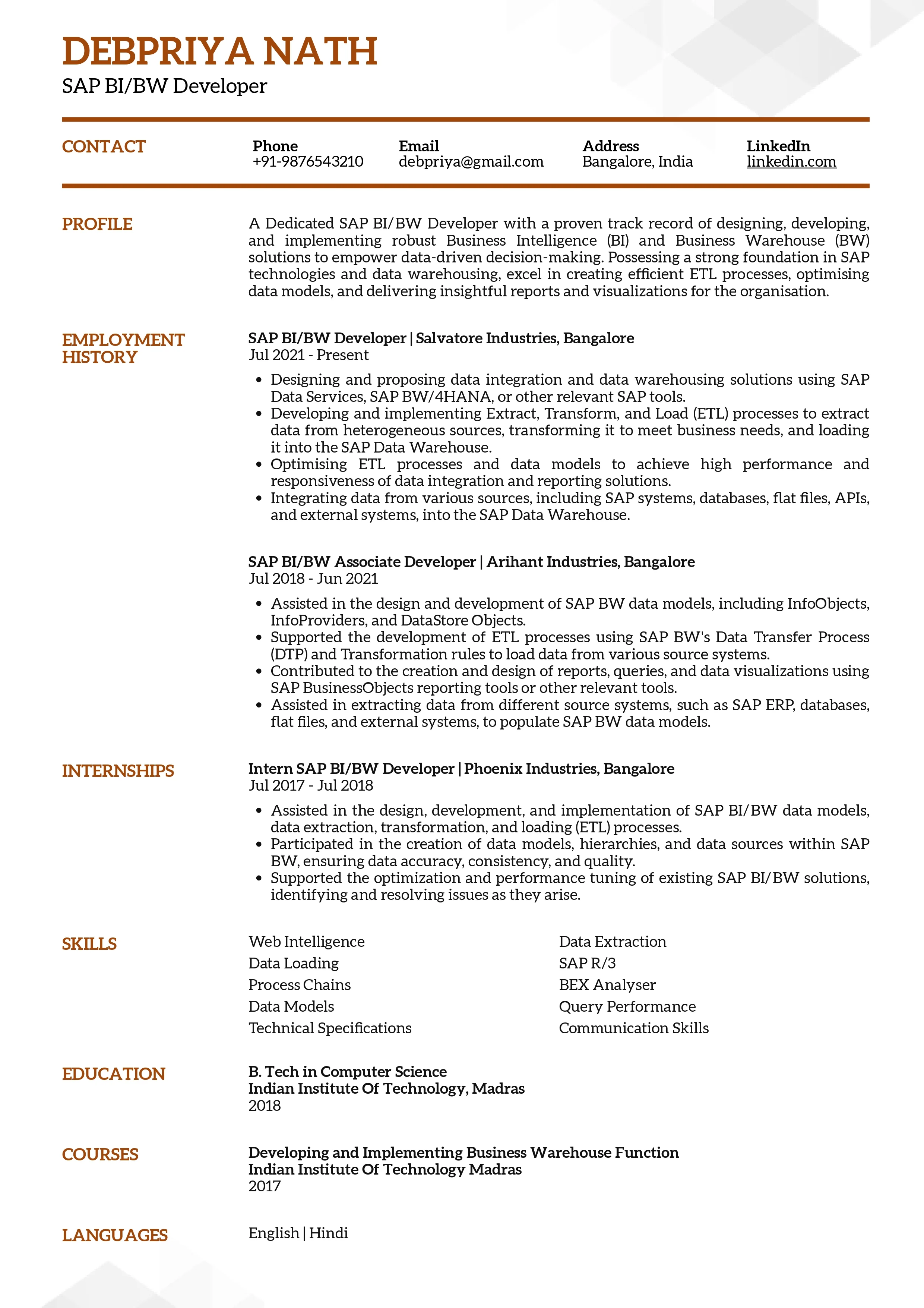 Sample Resume of SAP BI/BW Developer | Free Resume Templates & Samples on Resumod.co