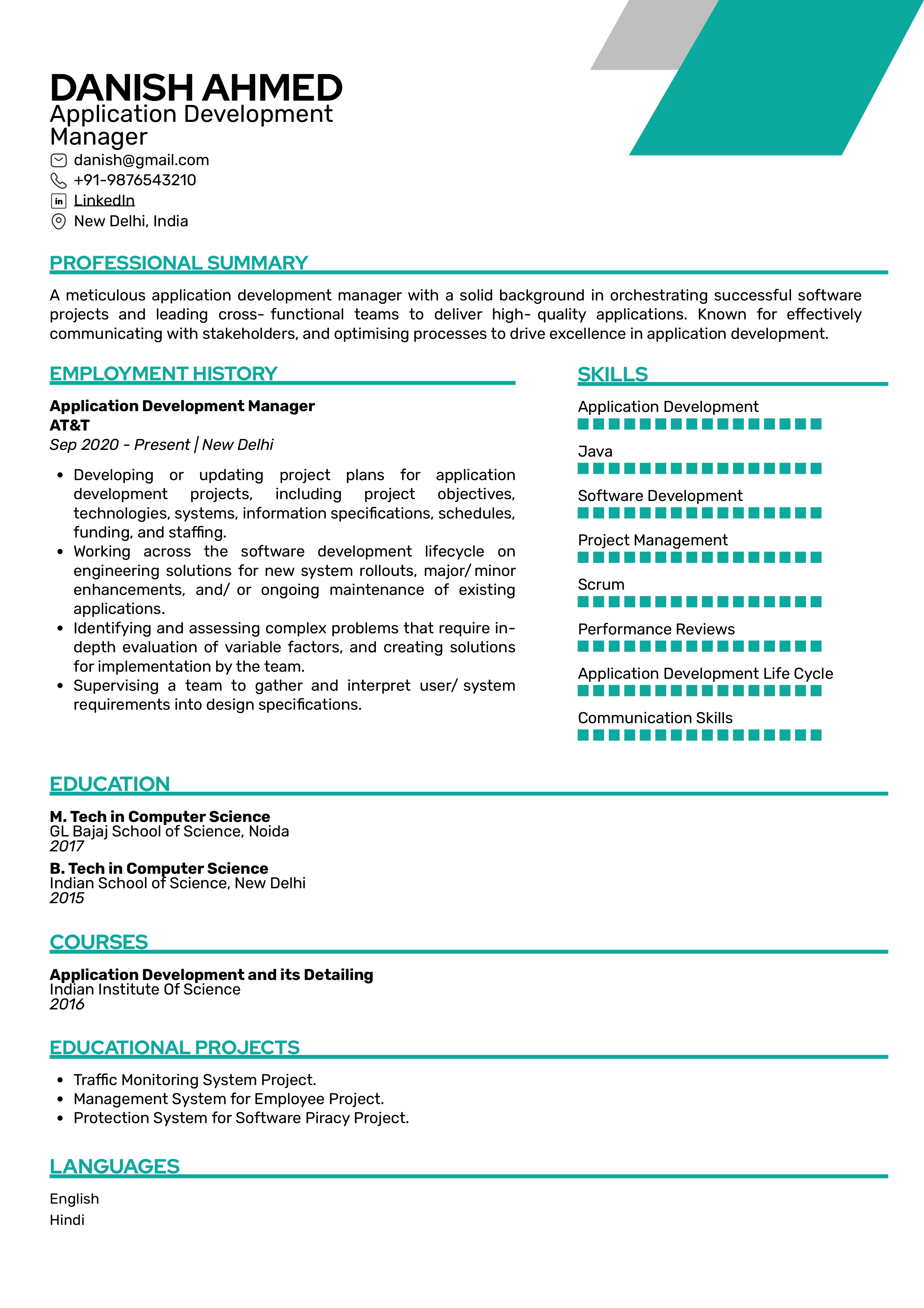 Sample Resume of Application Development Manager | Free Resume Templates & Samples on Resumod.co