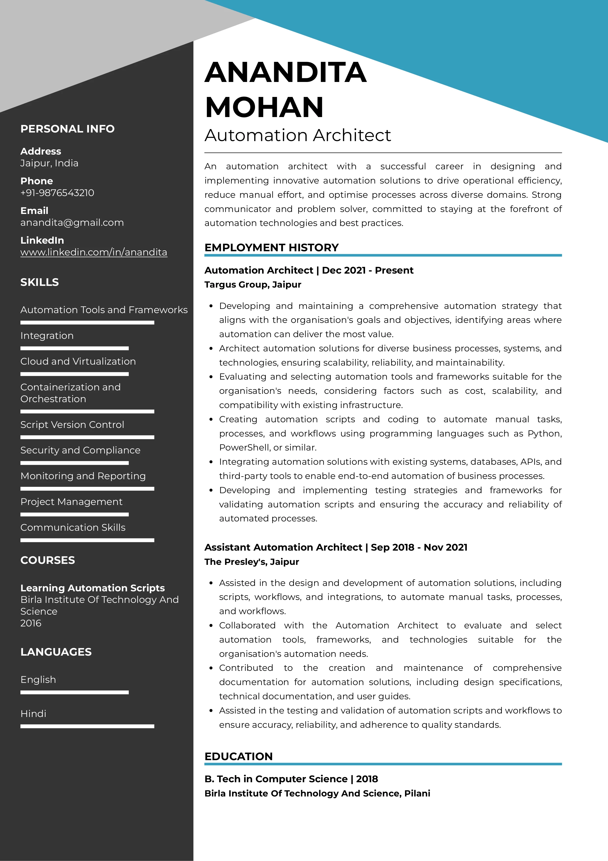 Sample Resume of Automation Architect | Free Resume Templates & Samples on Resumod.co