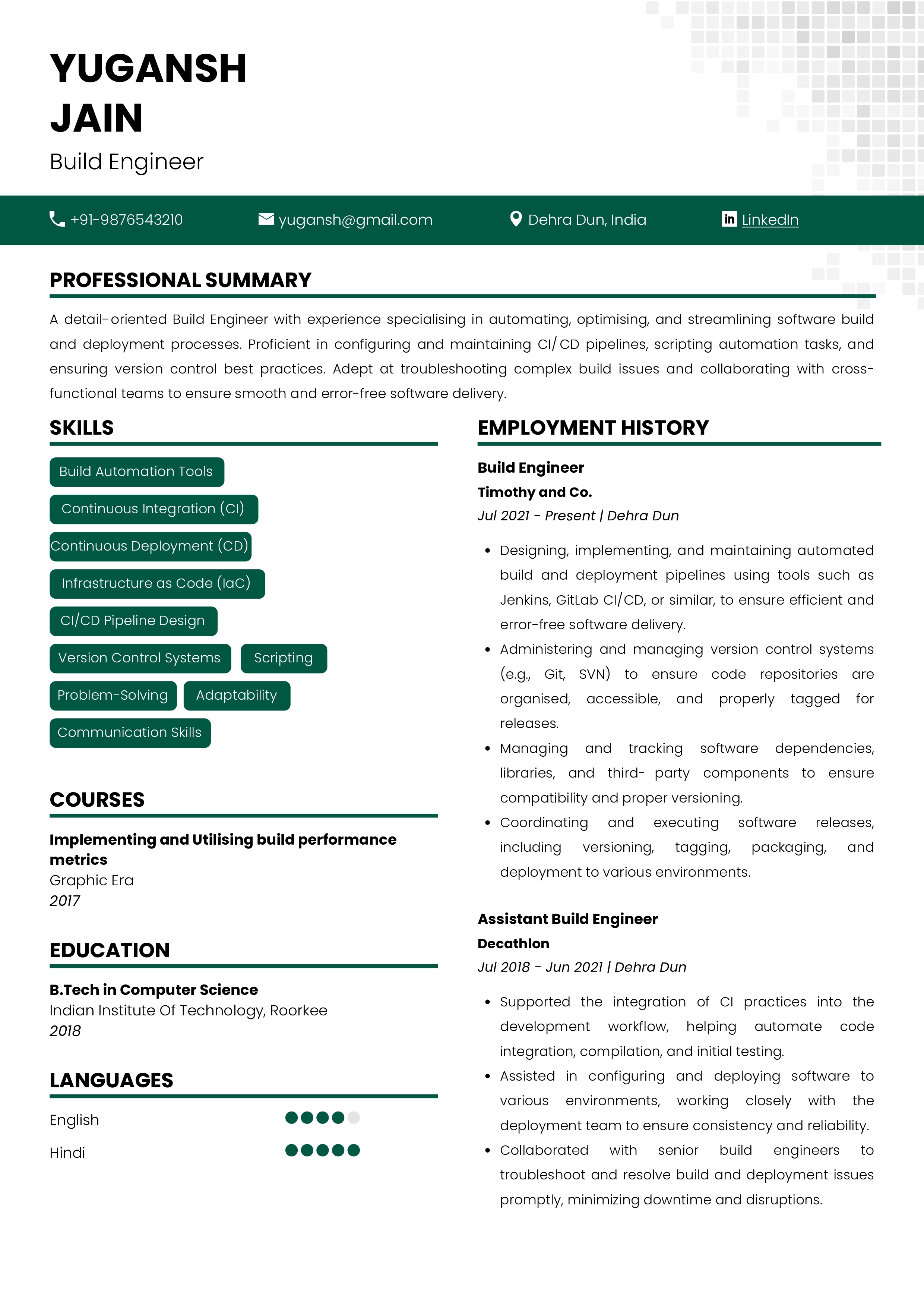 Sample Resume of Build Engineer | Free Resume Templates & Samples on Resumod.co