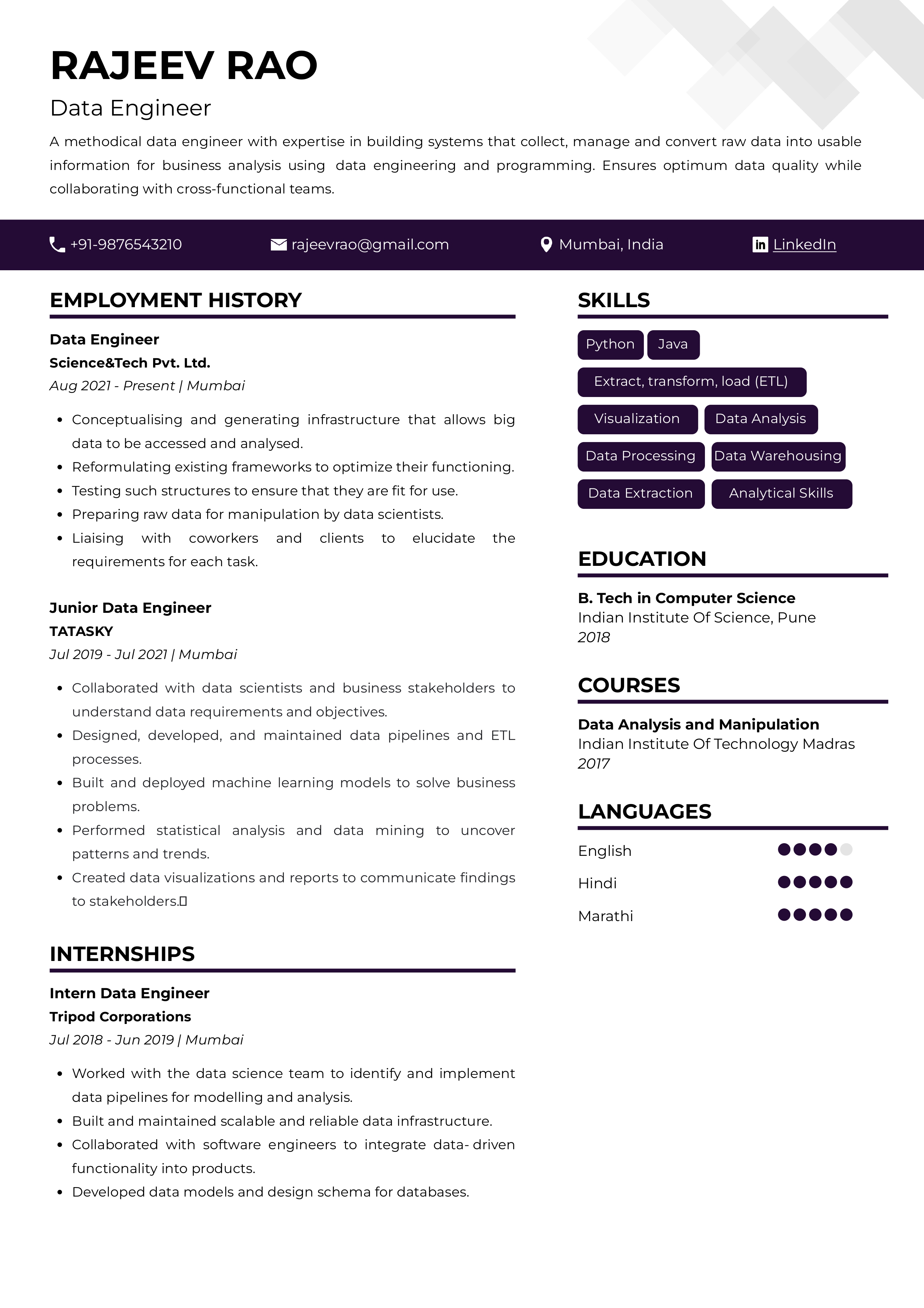 Sample Resume of Data Engineer | Free Resume Templates & Samples on Resumod.co