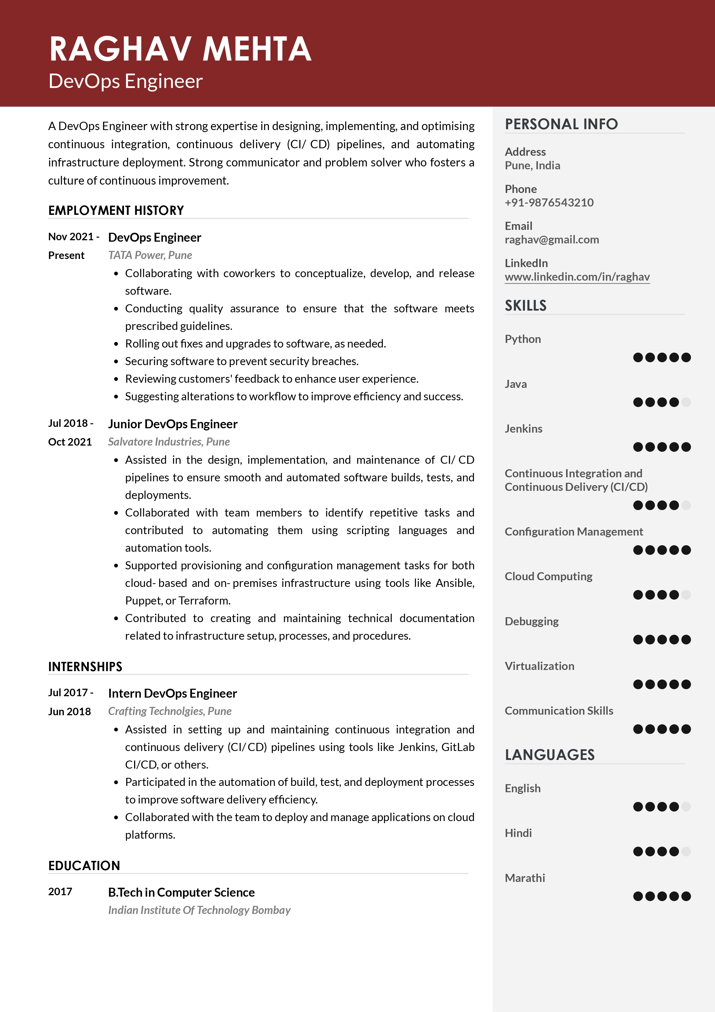 Sample Resume of DevOps Engineer | Free Resume Templates & Samples on Resumod.co