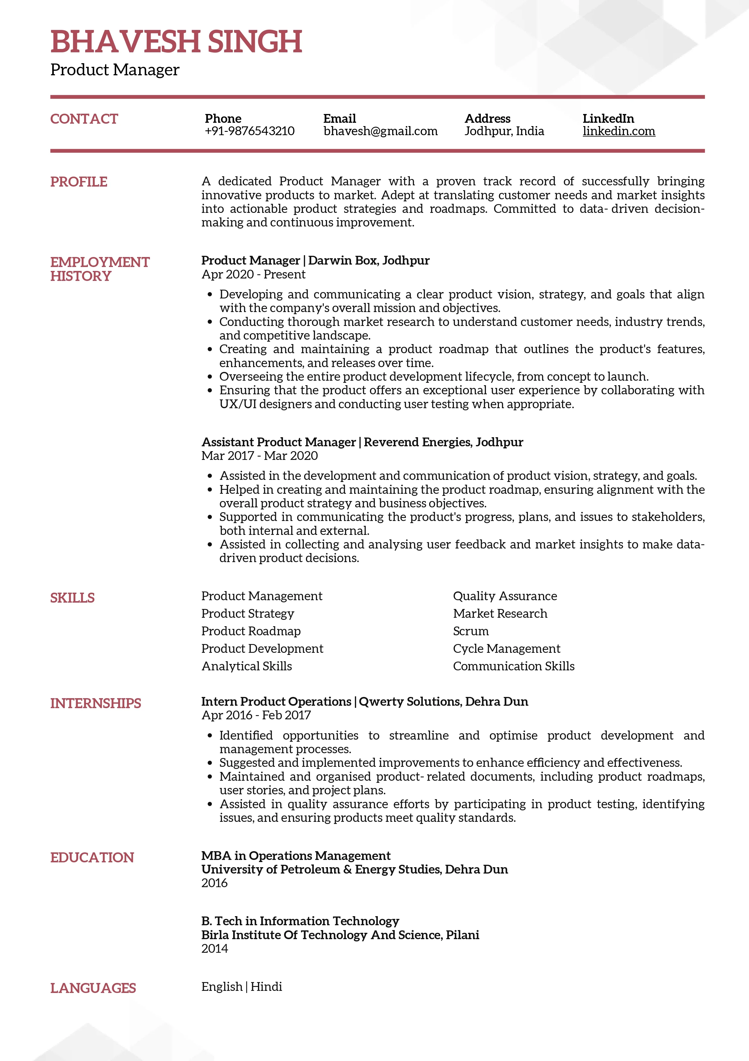 Sample Resume of Product Manager | Free Resume Templates & Samples on Resumod.co