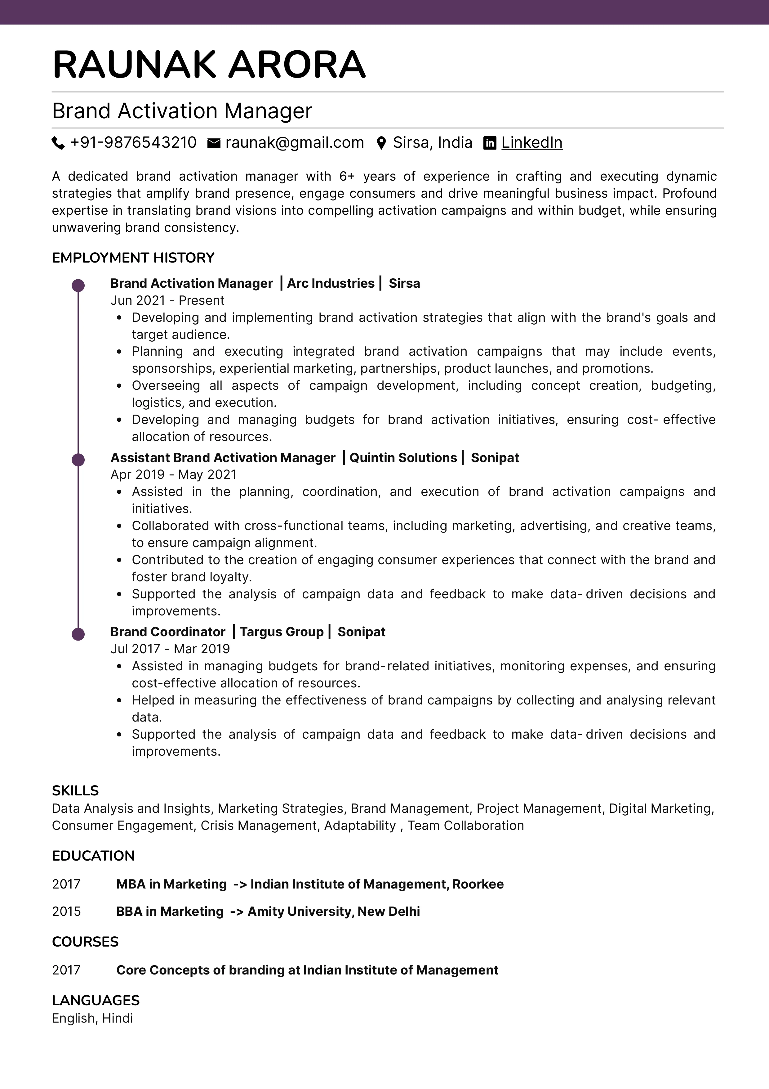 Sample Resume of Brand Activation Manager | Free Resume Templates & Samples on Resumod.co