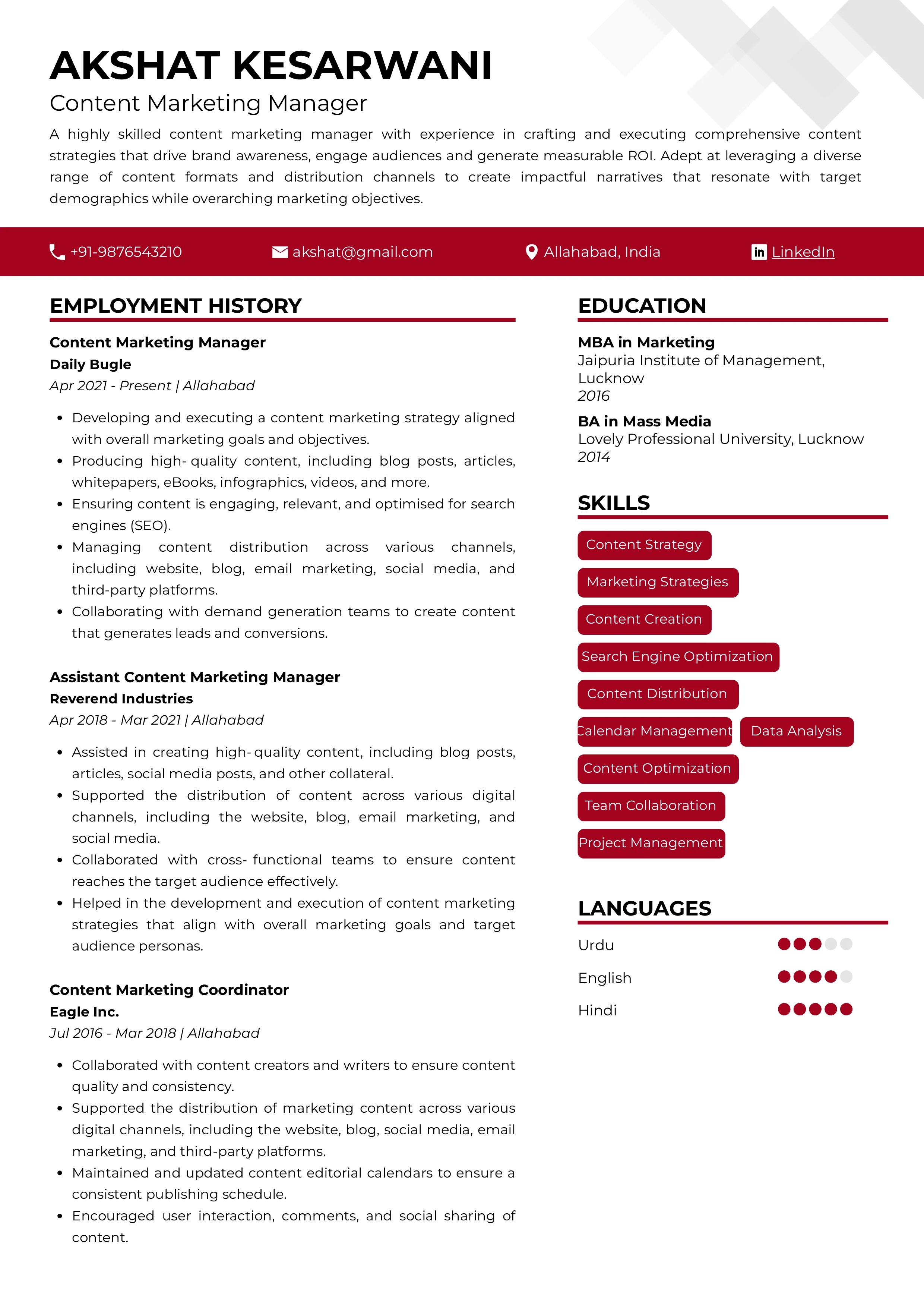 Sample Resume of Content Marketing Manager | Free Resume Templates & Samples on Resumod.co