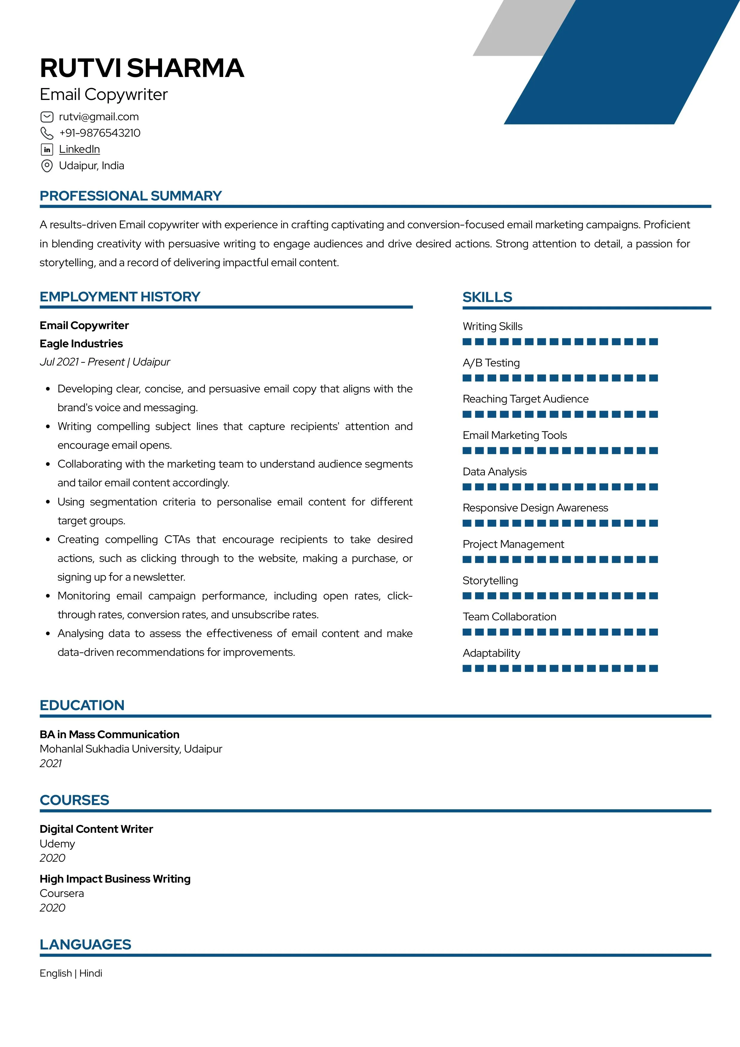 Sample Resume of Email Copywriter | Free Resume Templates & Samples on Resumod.co