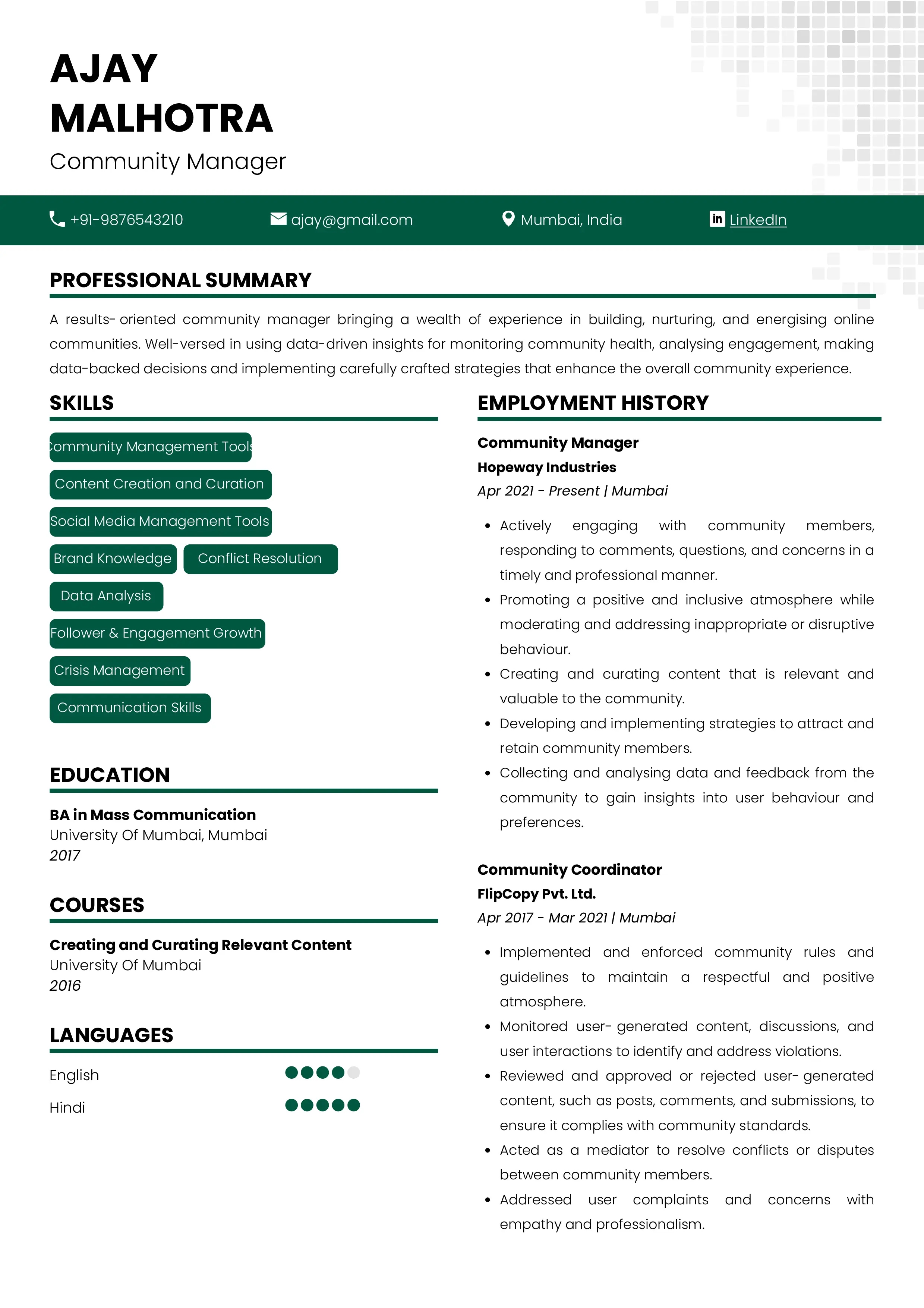 Sample Resume of Community Manager | Free Resume Templates & Samples on Resumod.co