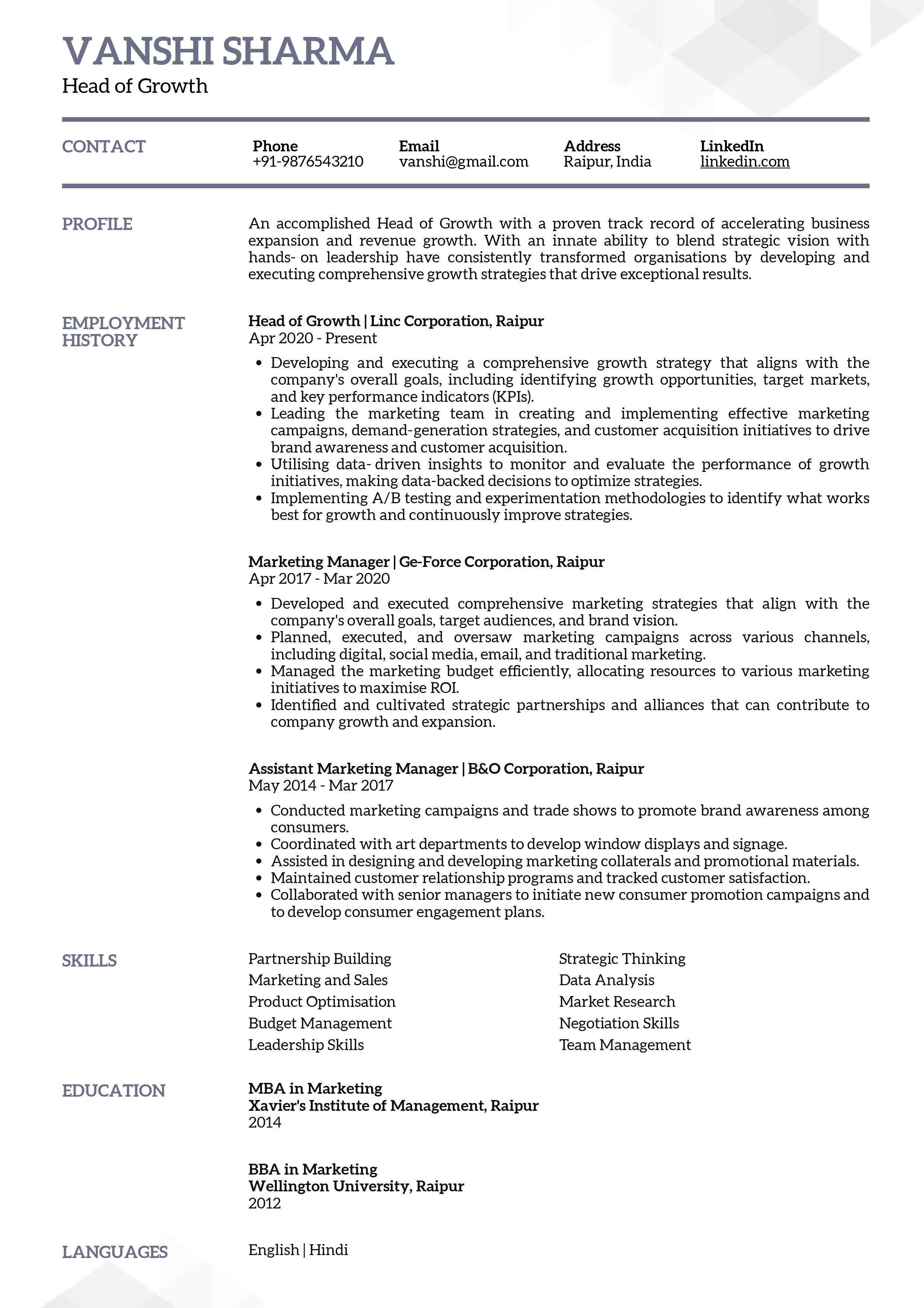 Sample Resume of Head of Growth | Free Resume Templates & Samples on Resumod.co