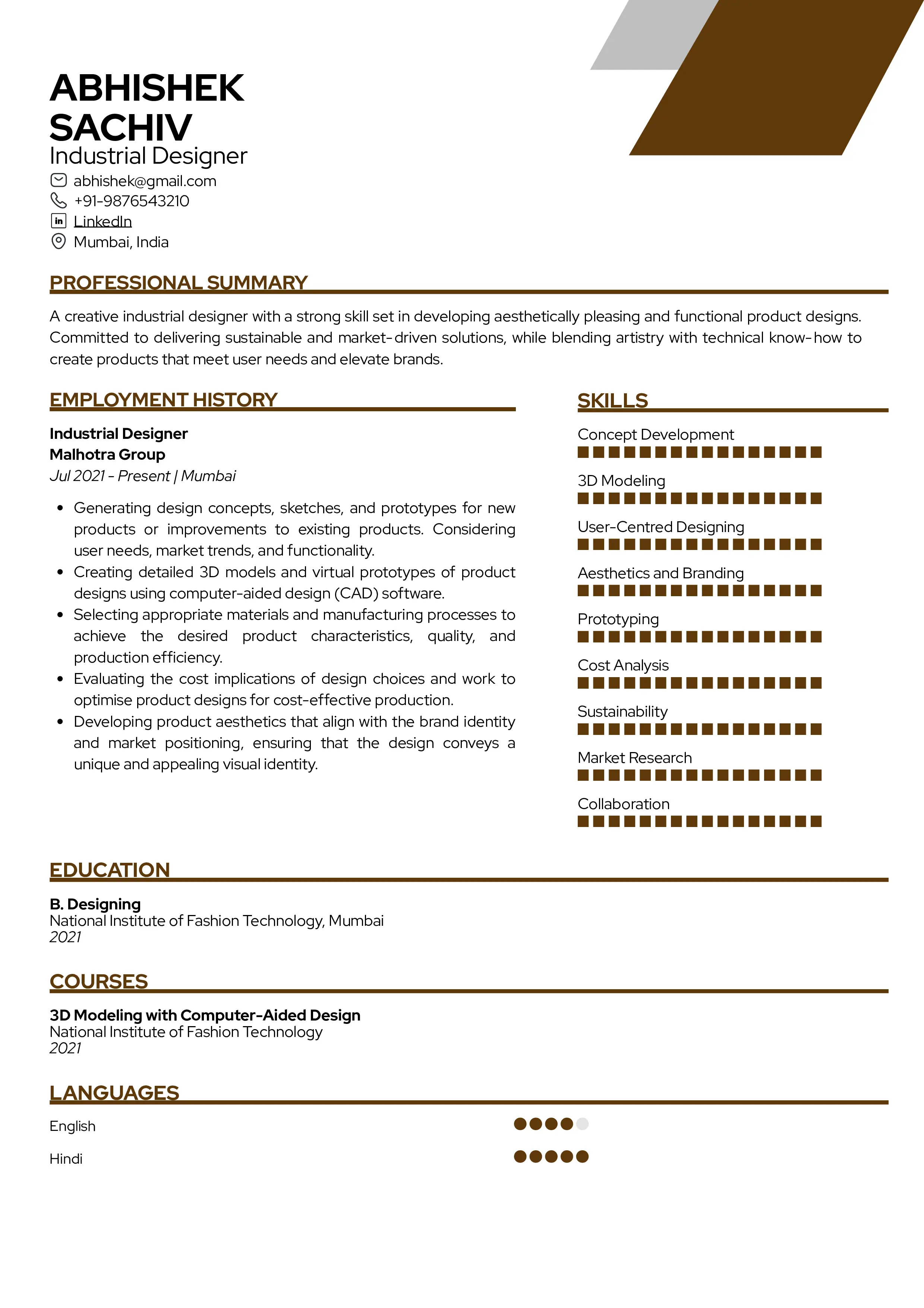 Sample Resume of Industrial Designer | Free Resume Templates & Samples on Resumod.co
