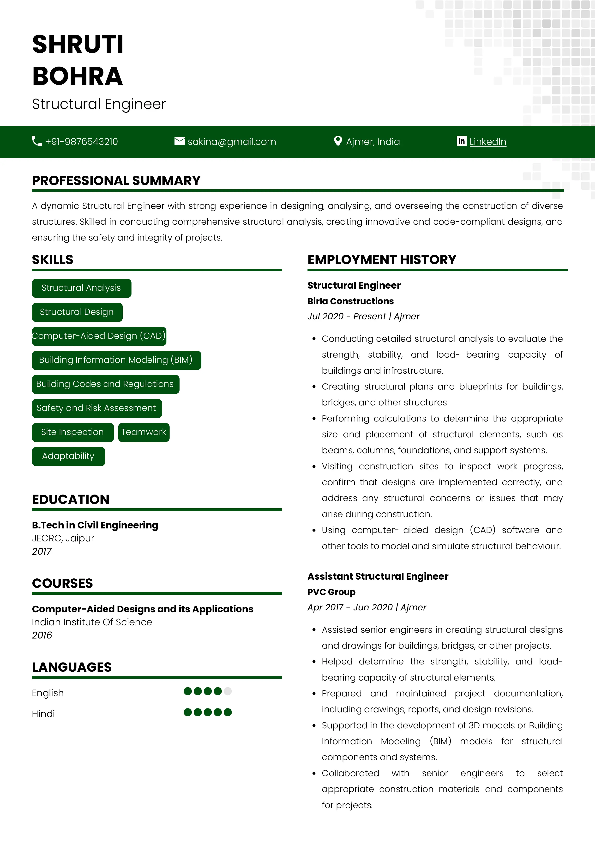 Sample Resume of Structural Engineer | Free Resume Templates & Samples on Resumod.co