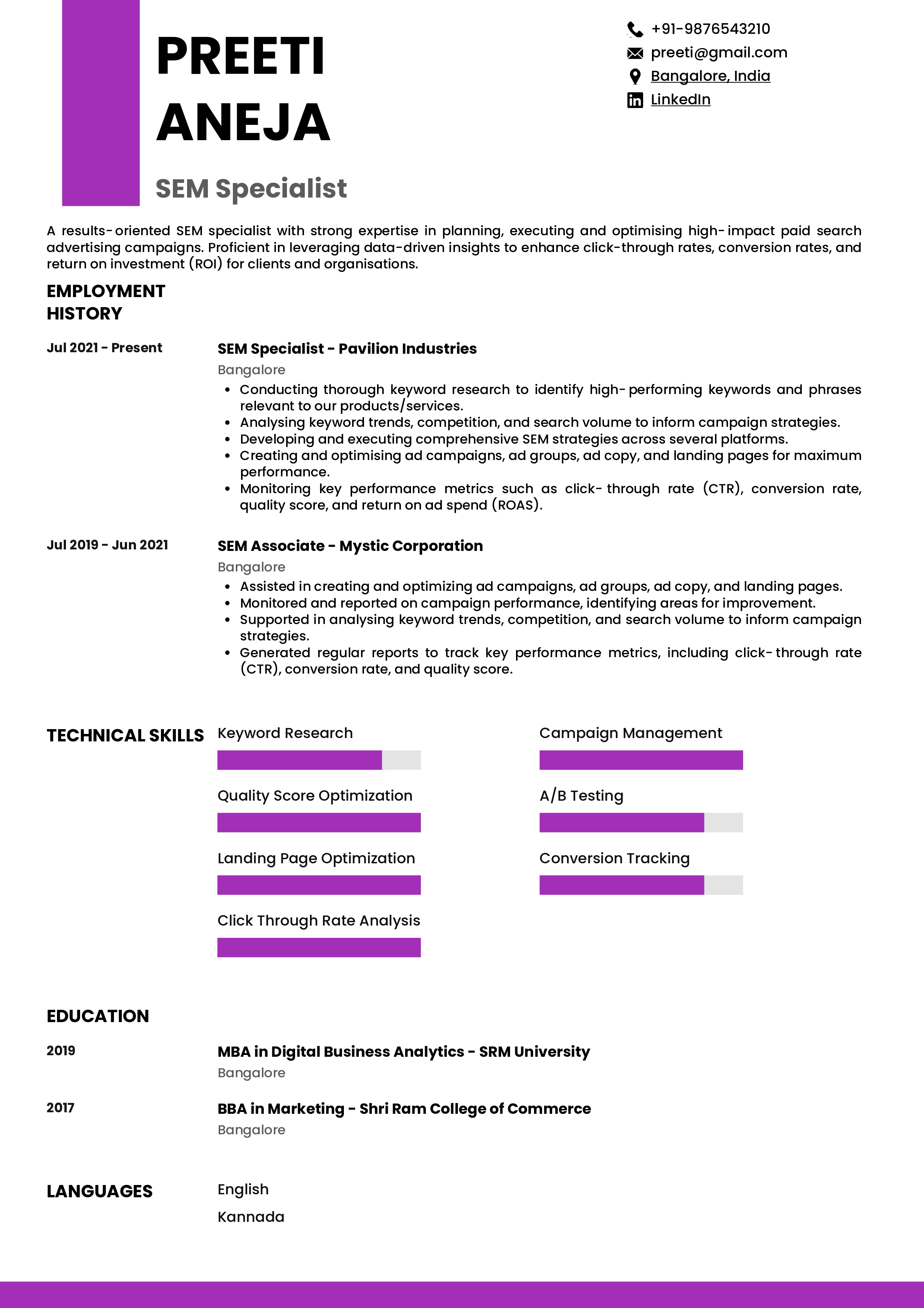 Sample Resume of SEM Specialist | Free Resume Templates & Samples on Resumod.co
