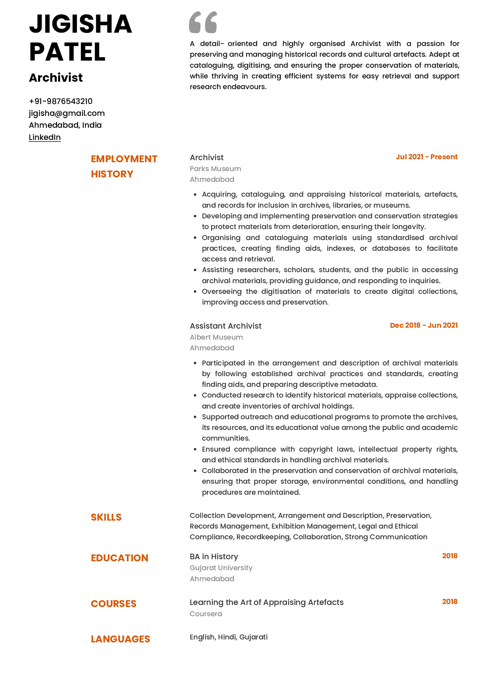 Sample Resume of Archivist | Free Resume Templates & Samples on Resumod.co