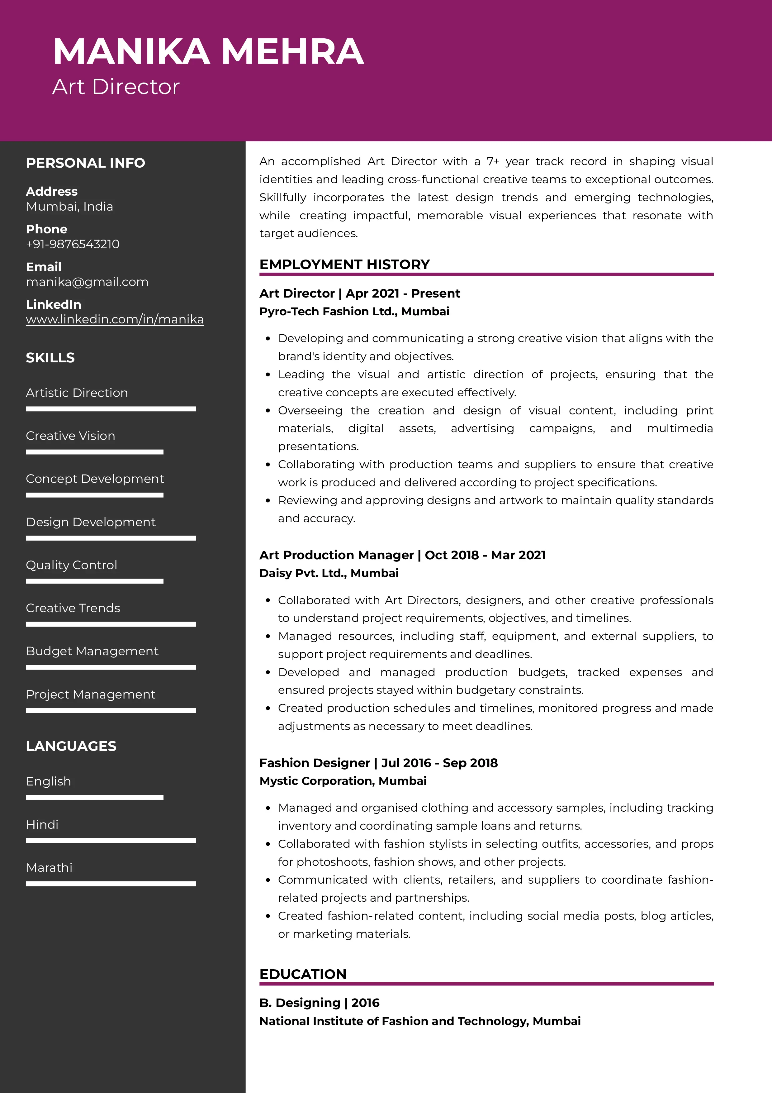 Sample Resume of Art Director | Free Resume Templates & Samples on Resumod.co