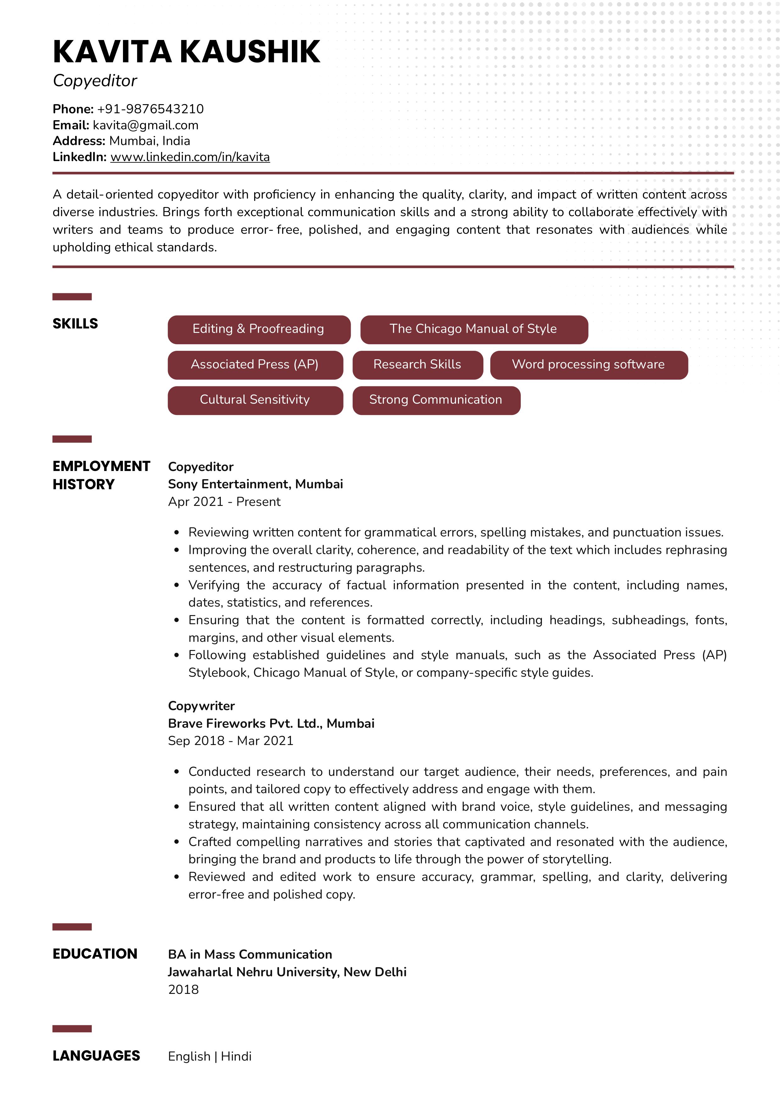 Sample Resume of Copyeditor | Free Resume Templates & Samples on Resumod.co