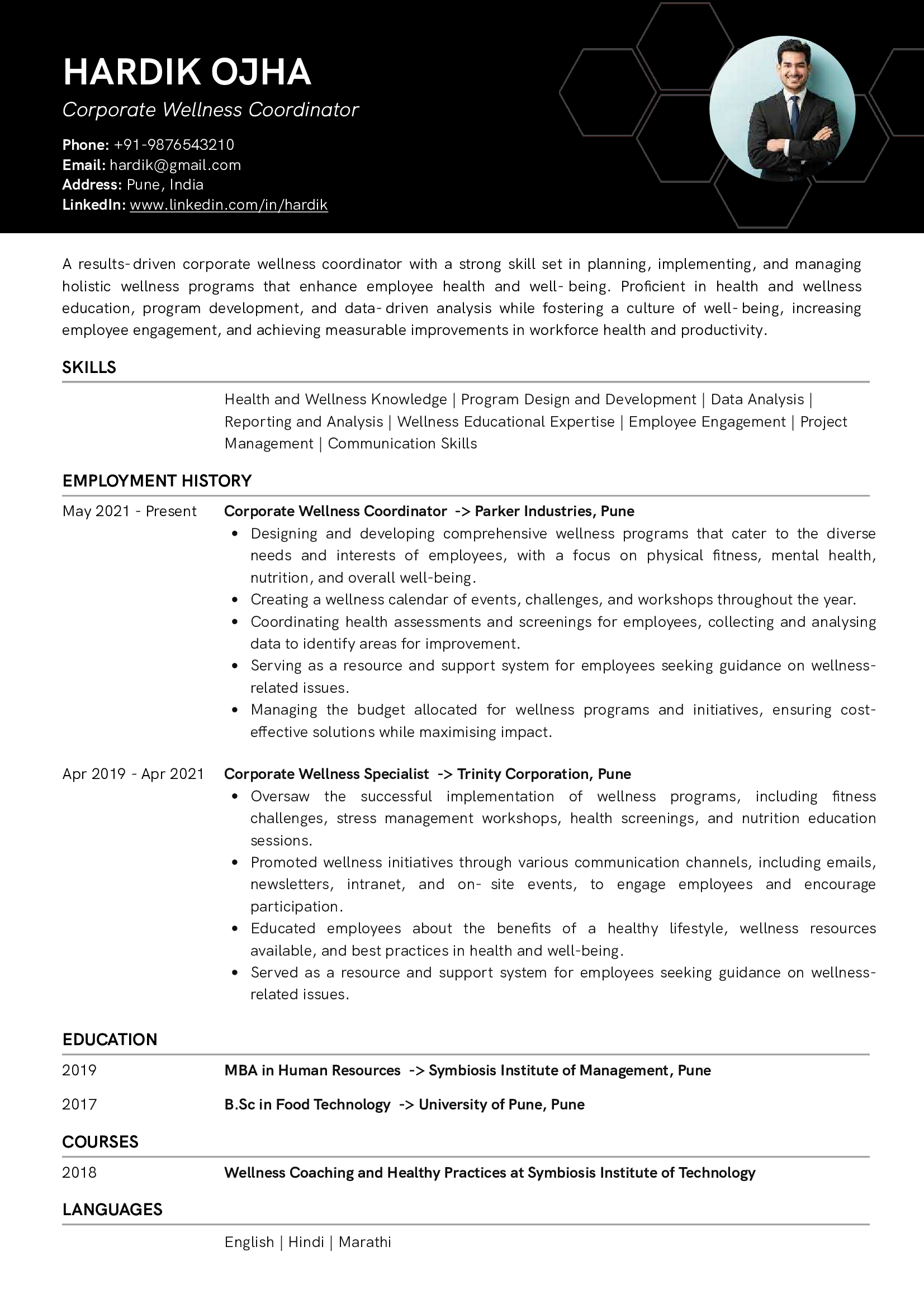 Sample Resume of Corporate Wellness Coordinator | Free Resume Templates & Samples on Resumod.co