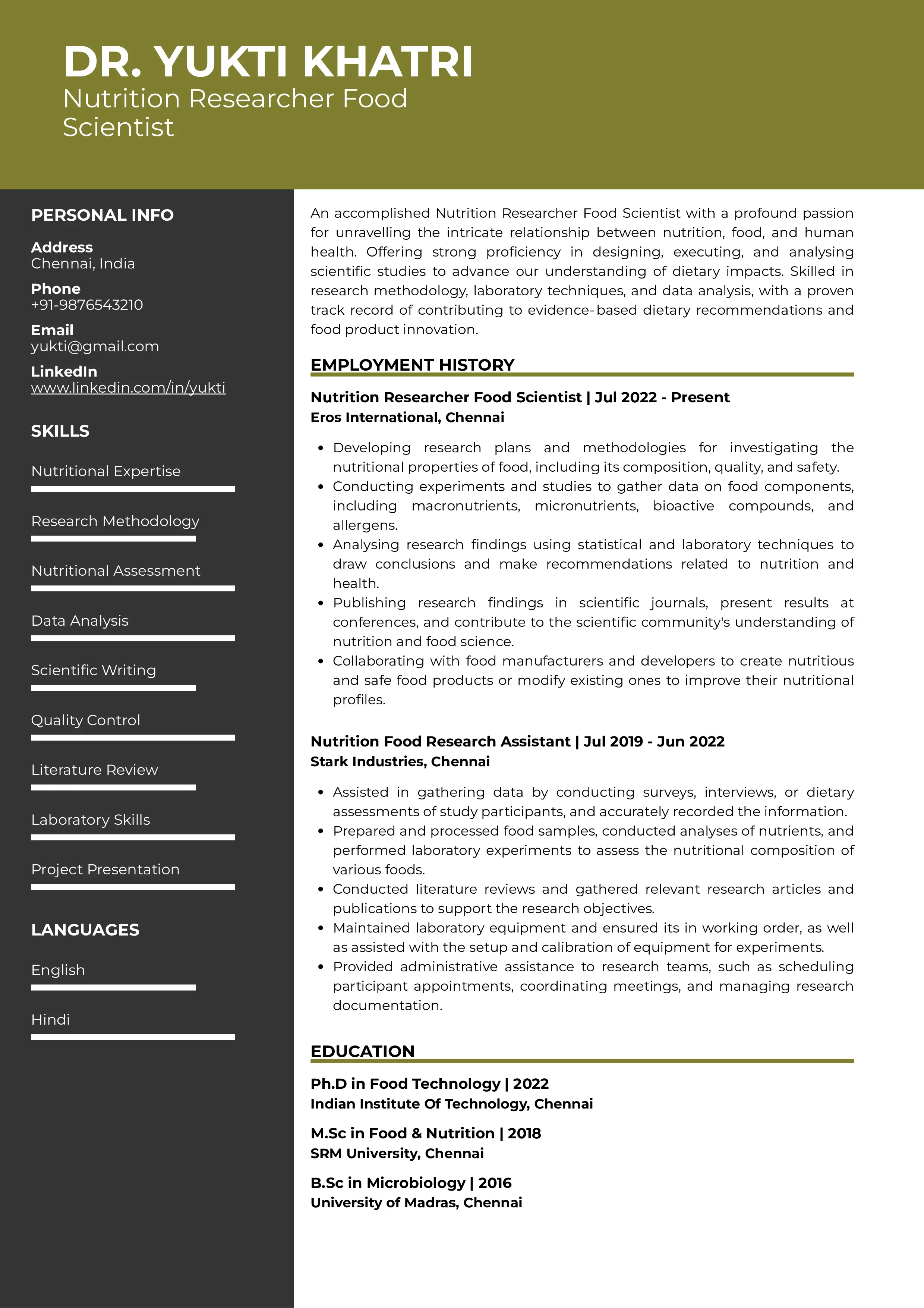 Sample Resume of Nutrition Researcher Food Scientist | Free Resume Templates & Samples on Resumod.co