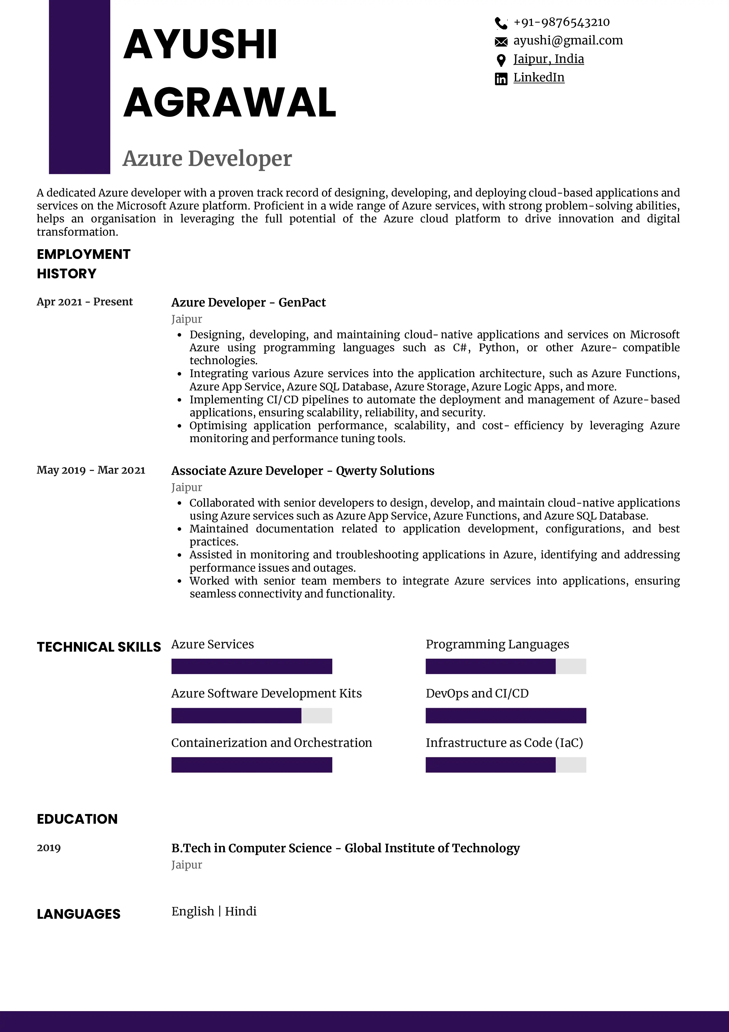 Sample Resume of Azure Developer | Free Resume Templates & Samples on Resumod.co