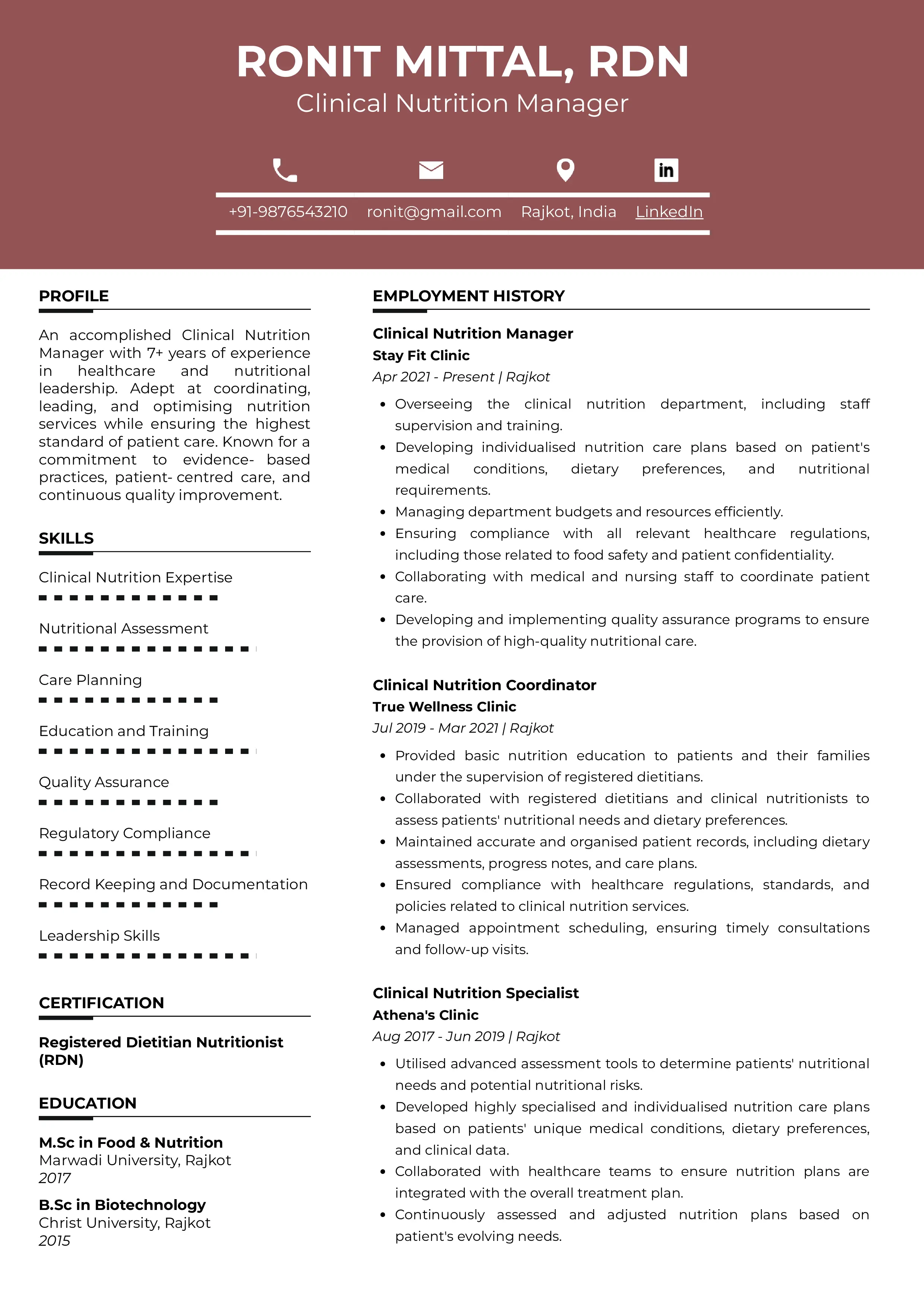 Sample Resume of Director of Clinical Nutrition Manager | Free Resume Templates & Samples on Resumod.co