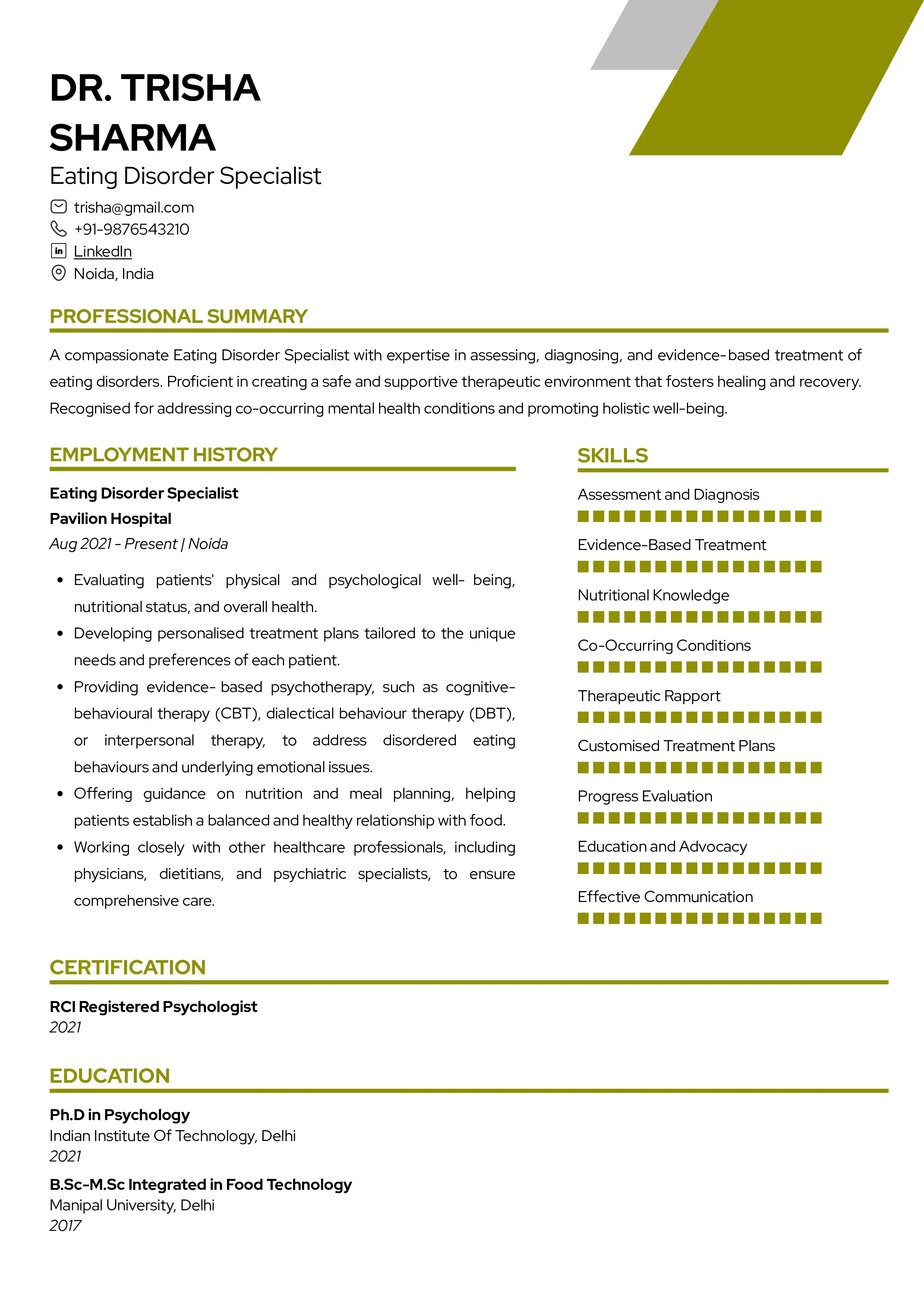 Sample Resume of Resume of Eating Disorder Specialist | Free Resume Templates & Samples on Resumod.co