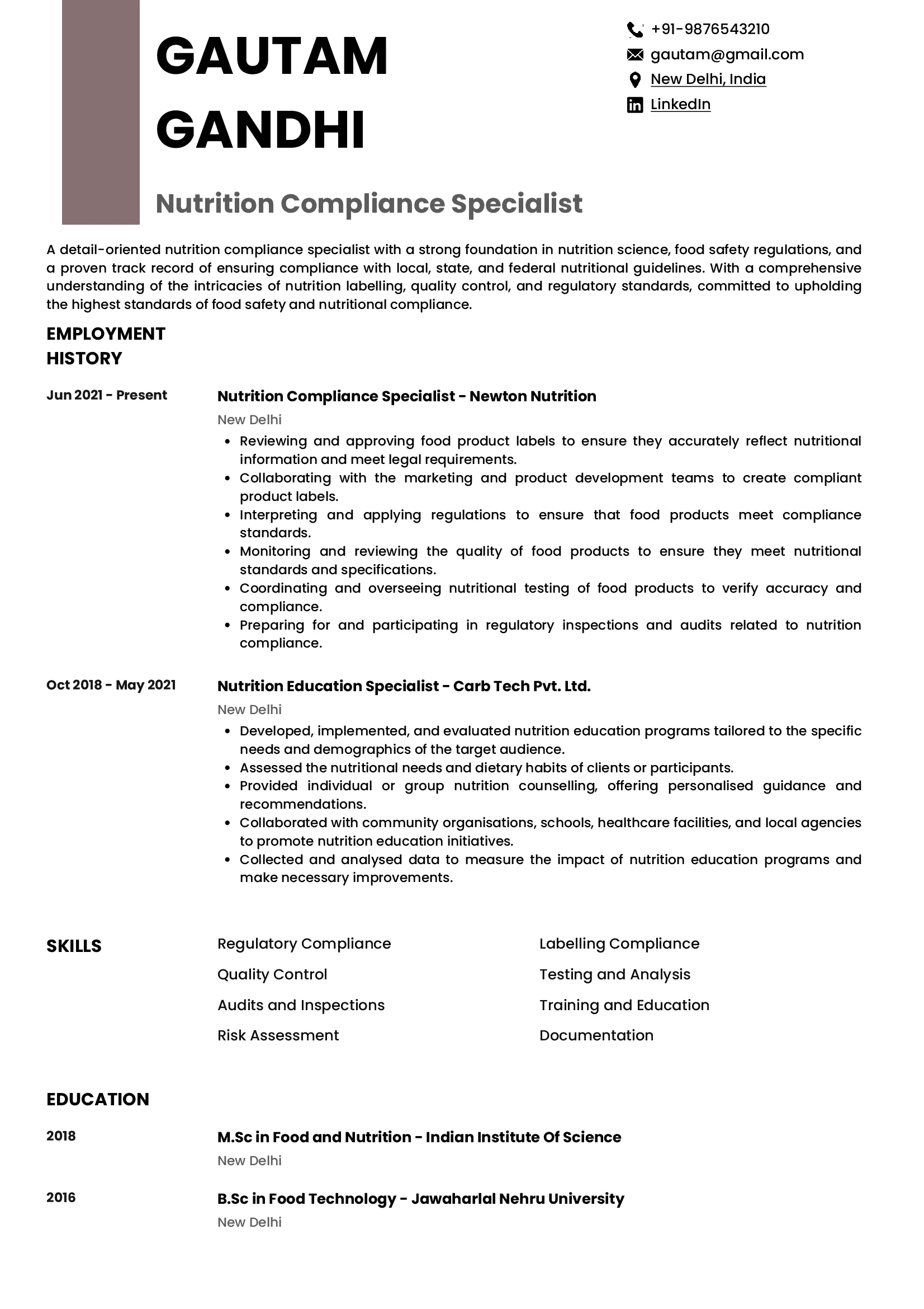 Sample Resume of Nutrition Compliance Specialist | Free Resume Templates & Samples on Resumod.co